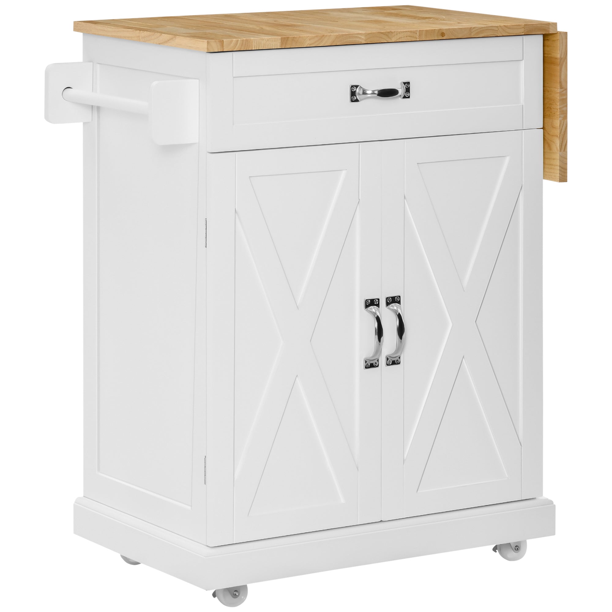 HOMCOM Foldable Kitchen Island with Storage Drawer, Farmhouse Style Rolling Utility Cart, Coffee Bar Cabinet on Wheels with Drop-Leaf Wood Top (White)