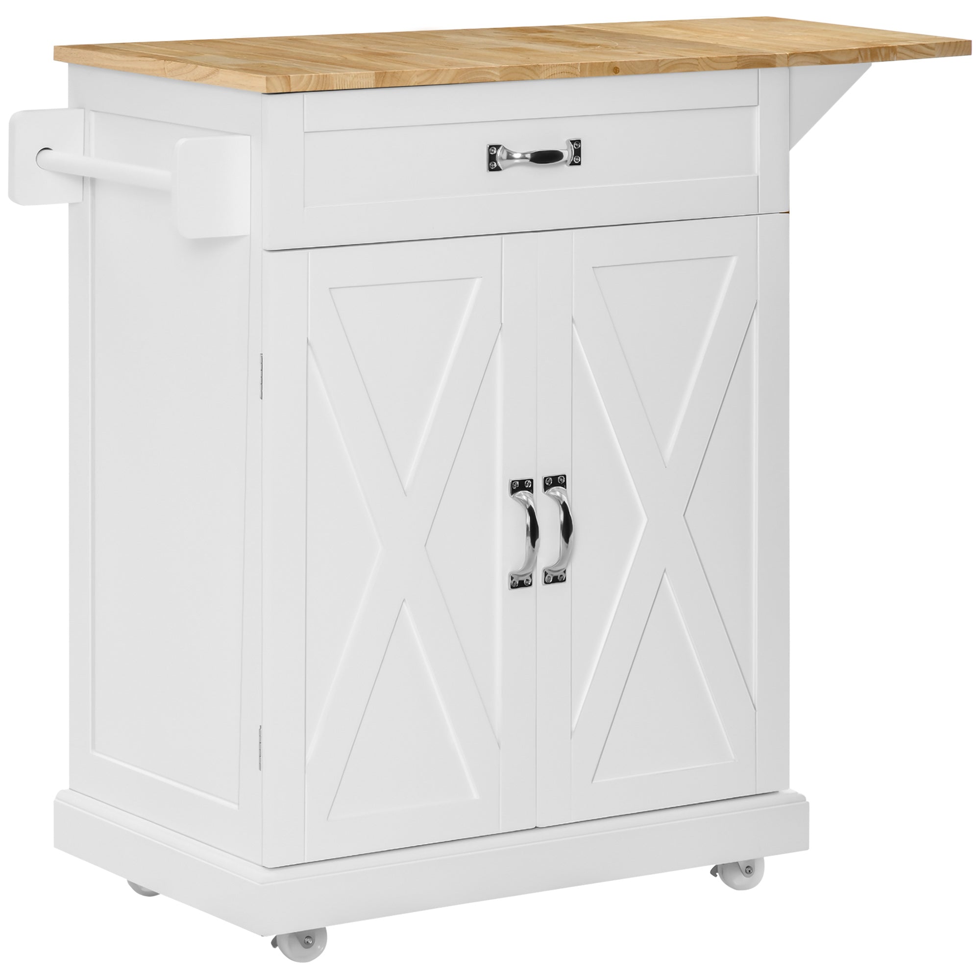 HOMCOM Foldable Kitchen Island with Storage Drawer, Farmhouse Style Rolling Utility Cart, Coffee Bar Cabinet on Wheels with Drop-Leaf Wood Top (White)