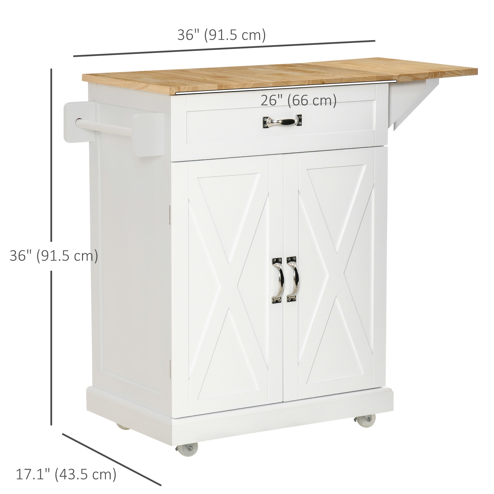 HOMCOM Foldable Kitchen Island with Storage Drawer, Farmhouse Style Rolling Utility Cart, Coffee Bar Cabinet on Wheels with Drop-Leaf Wood Top (White)