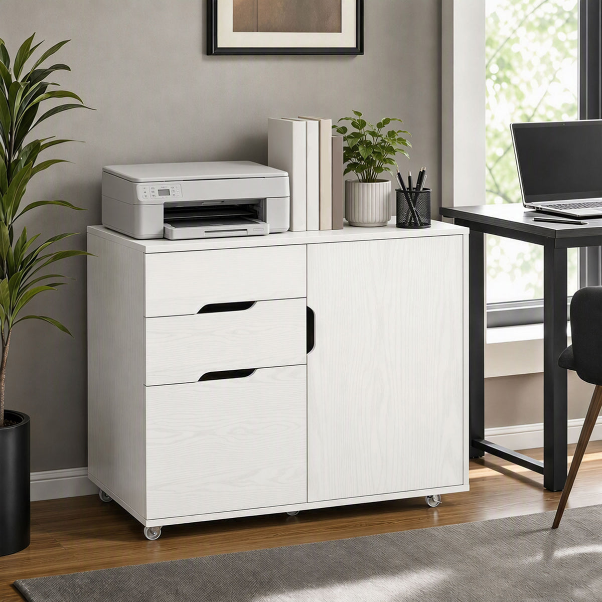 Lateral File Cabinet with Cabinet, Home Office Printer Stand, 3-Drawer Mobile Filing Cabinet, Lockable Wheels, Adjustable Shelf, for A4, Letter-Size Files, White Wood Grain