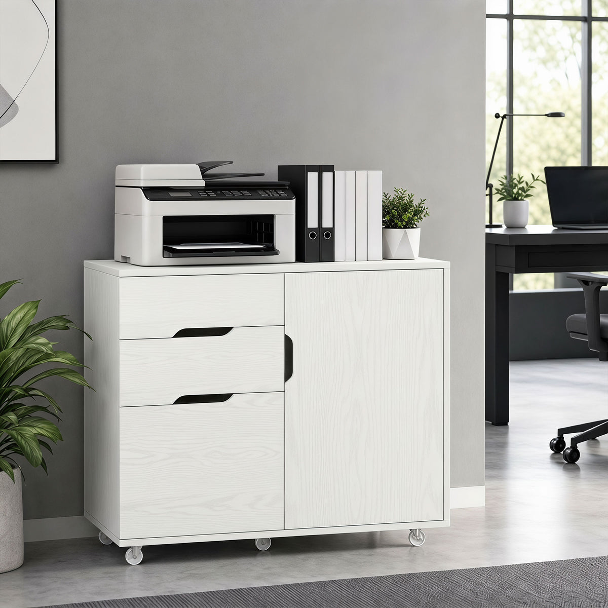 Lateral File Cabinet with Cabinet, Home Office Printer Stand, 3-Drawer Mobile Filing Cabinet, Lockable Wheels, Adjustable Shelf, for A4, Letter-Size Files, White Wood Grain