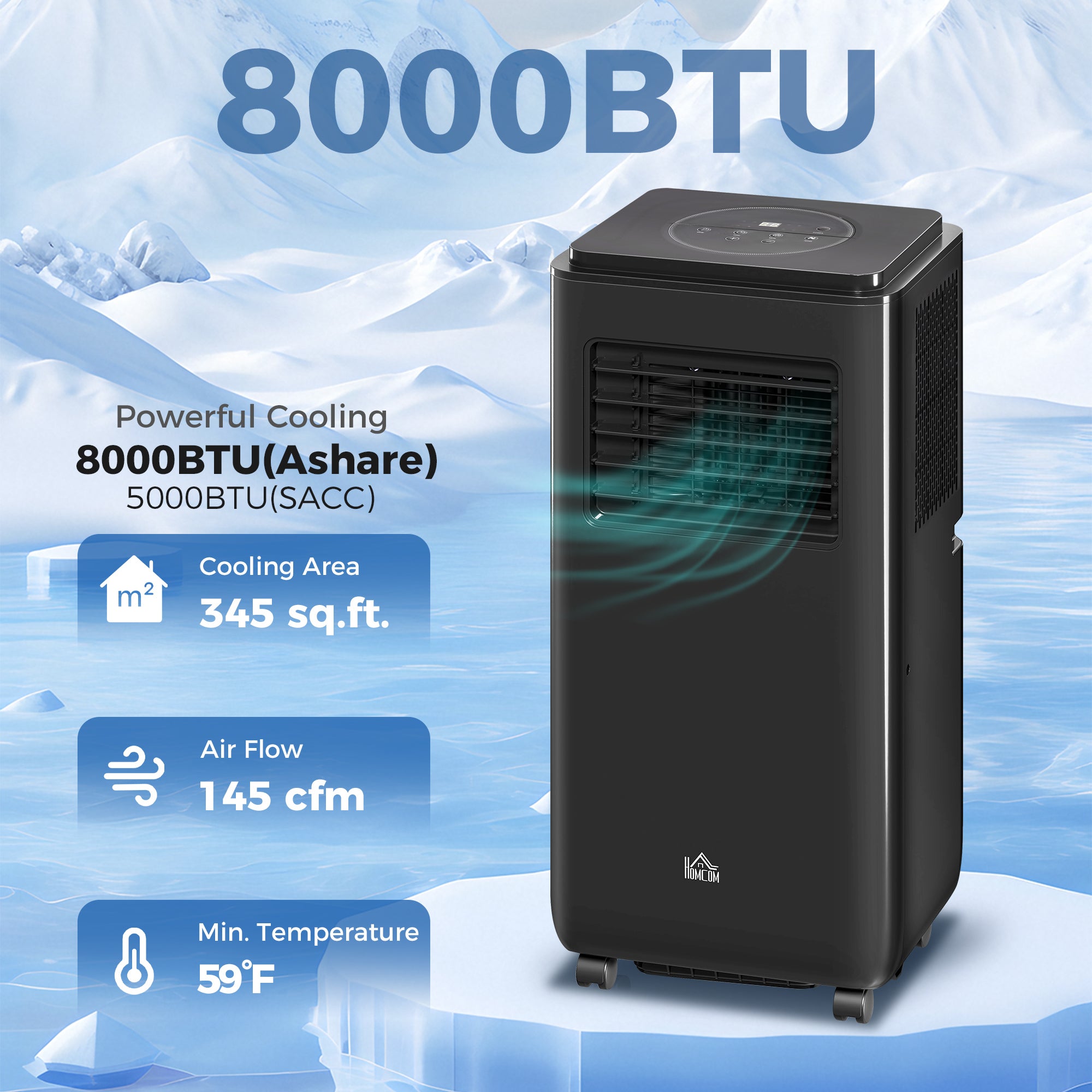 8000BTU Portable Air Conditioner for Rooms Up to 345 Sq.Ft., 3-in-1 AC Unit with Cooling Fan, Dehumidifier, Auto, Sleep & Remote, 24H Timer, Window Installation Kit, Black