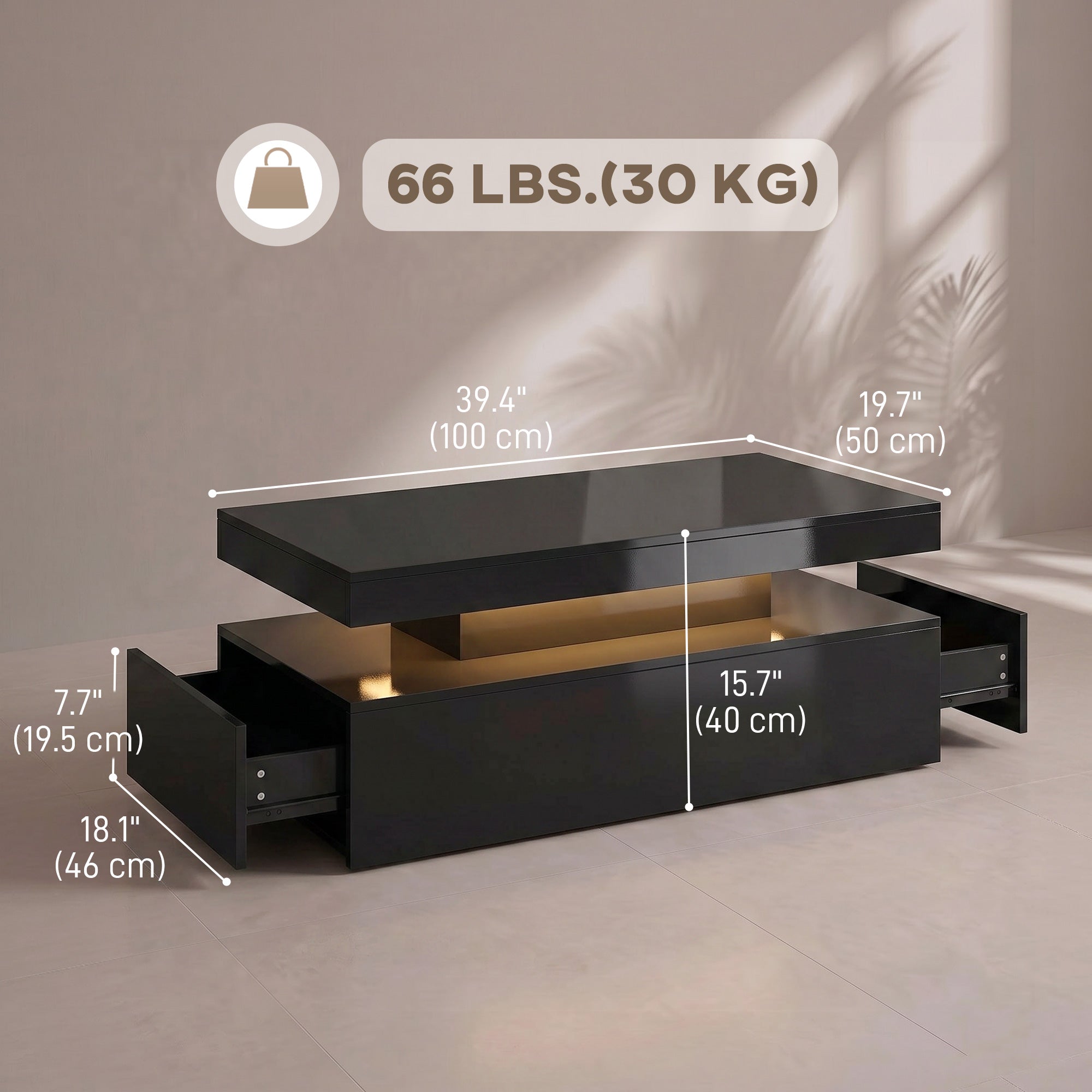 LED Coffee Table with Storage, 2-Tier Modern Rectangular Center Table with 2 Drawers and Open Compartment for Living Room, High Gloss Black