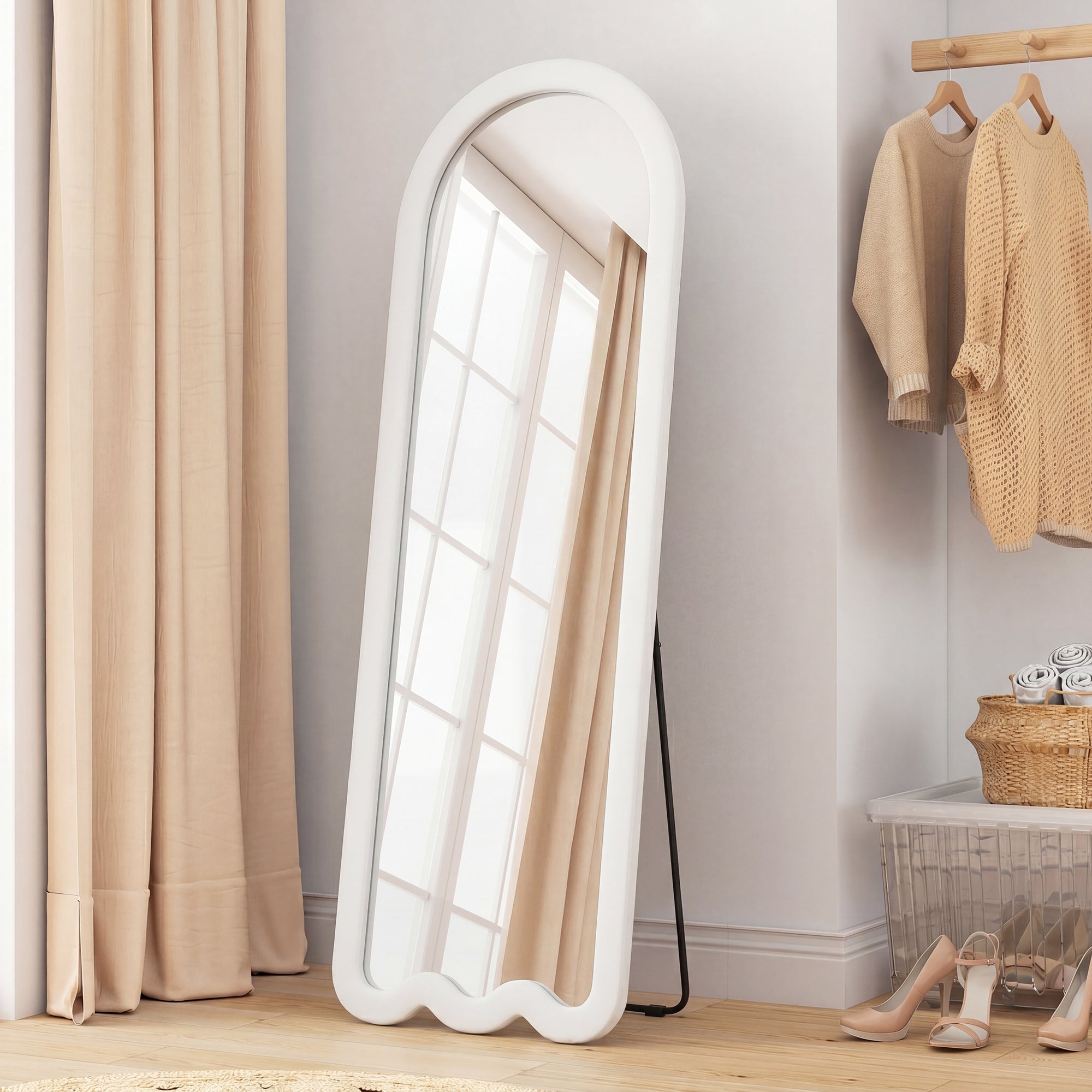 64"x 24" Full Length Mirror, Free Standing, Leaning or Wall Mounted Full Body Mirror, Soft Padded Frame and Arched Wavy Design for Bedroom, Living Room, White