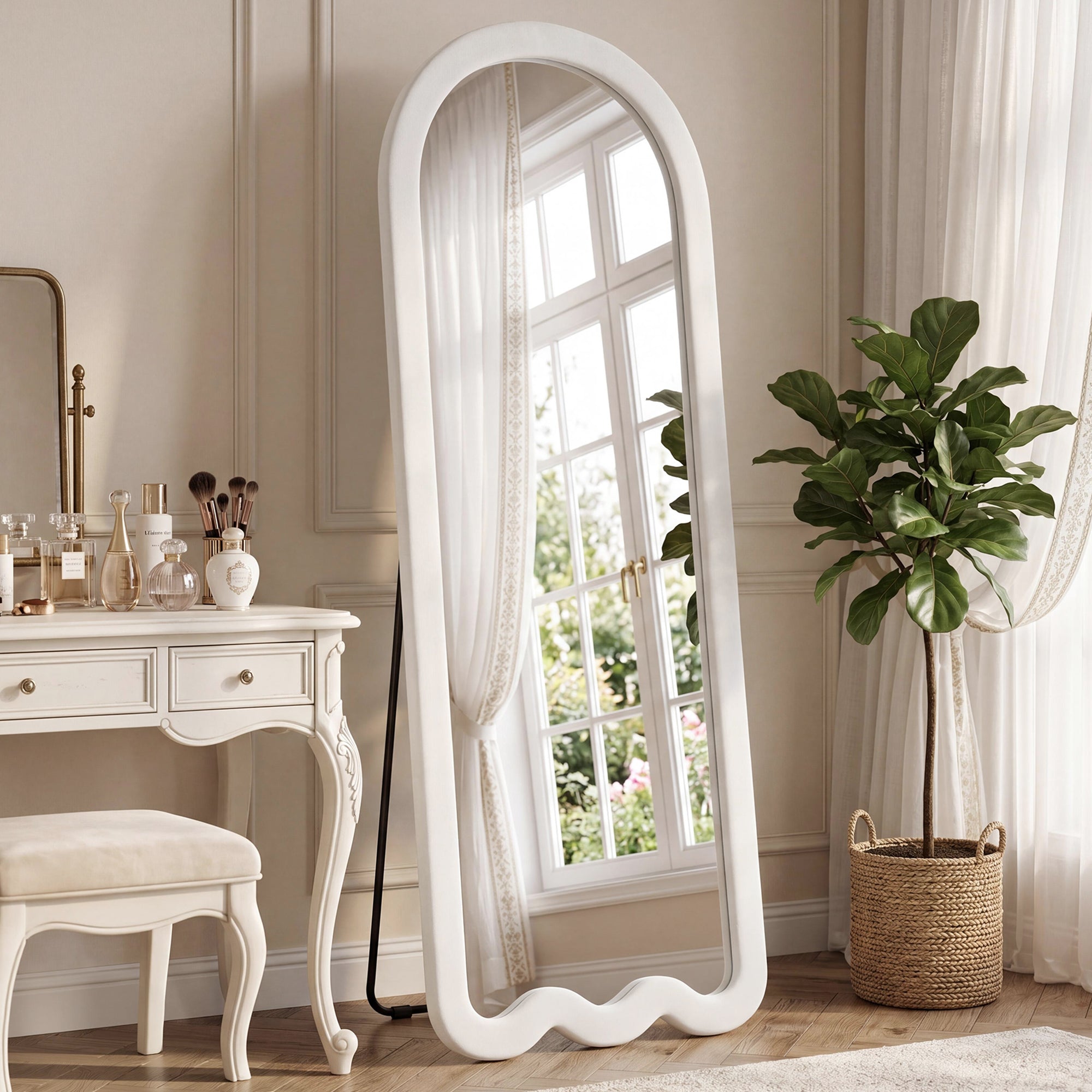 64"x 24" Full Length Mirror, Free Standing, Leaning or Wall Mounted Full Body Mirror, Soft Padded Frame and Arched Wavy Design for Bedroom, Living Room, White