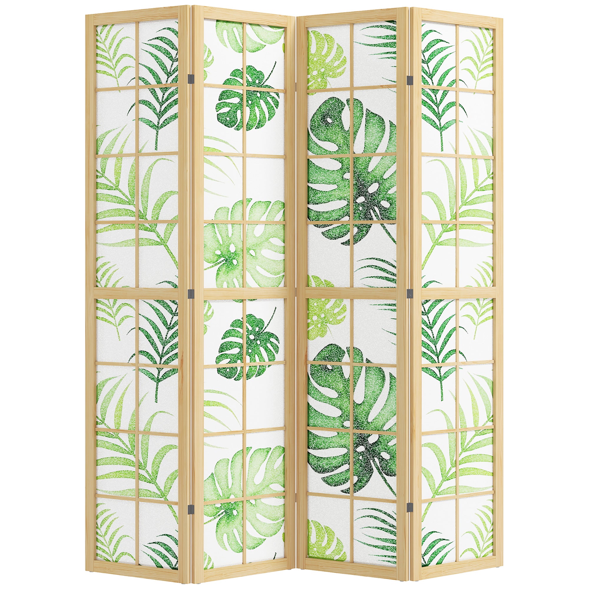 4 Panel Room Divider, 67" Boho Folding Privacy Screen with Tropical Palm Leaf Design, Freestanding Pine Wood Partition for Living Room Bedroom Office, Natural and Green