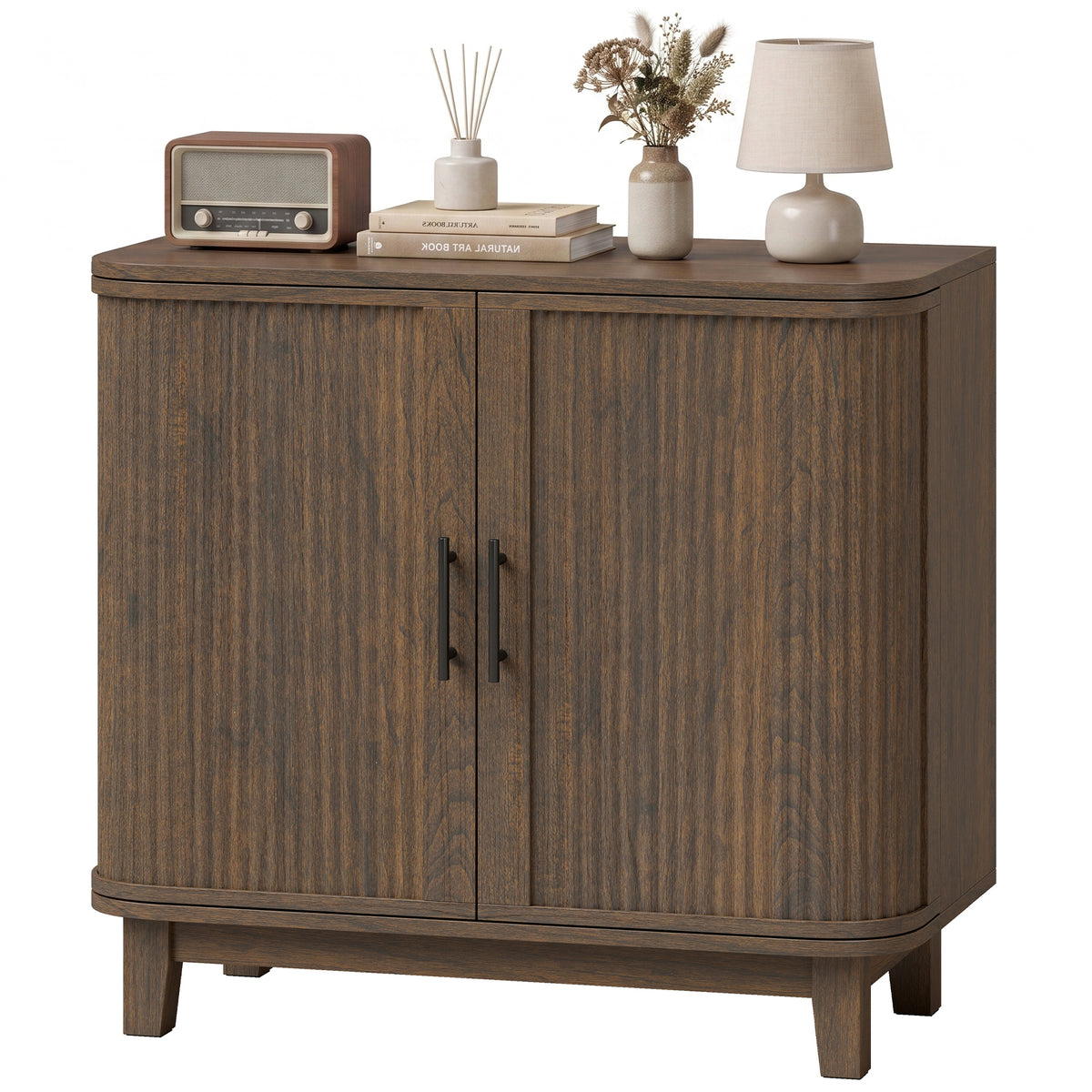 80cm Sideboard Buffet Cabinet, Modern Storage Cabinet with 2 Curved Doors, Adjustable Shelf and Legs for Dining Room, Hallway, Dark Walnut