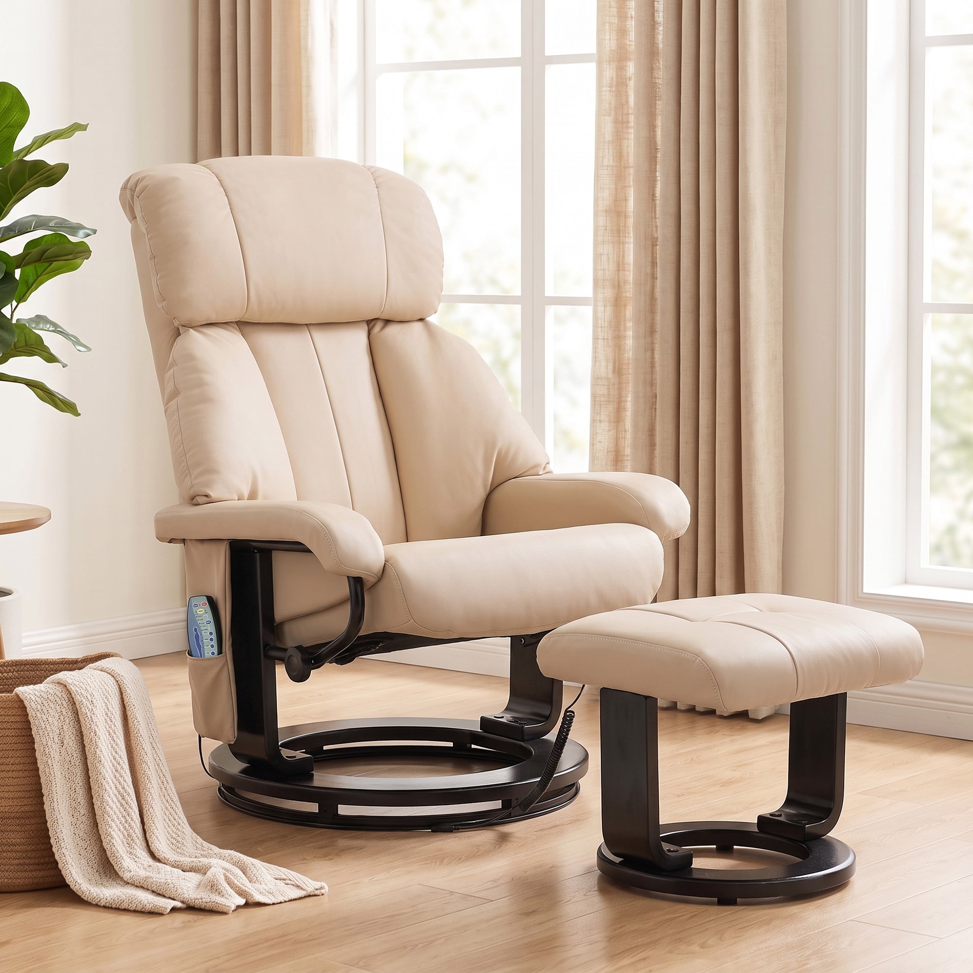 Massage Recliner Chair with Ottoman, 360° Swivel Recliner and Footstool, 10-Point Vibration, PU Leather Reclining Chair with Remote Control, Beige