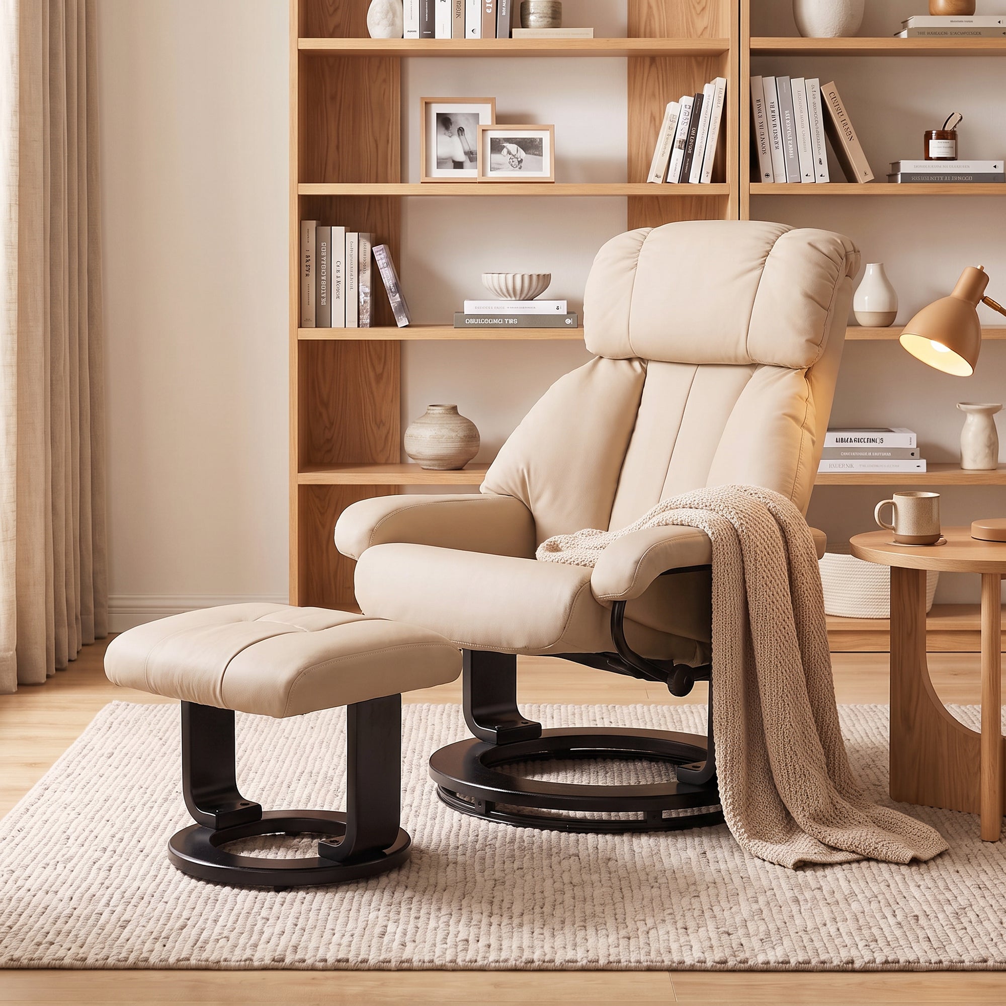 Massage Recliner Chair with Ottoman, 360° Swivel Recliner and Footstool, 10-Point Vibration, PU Leather Reclining Chair with Remote Control, Beige