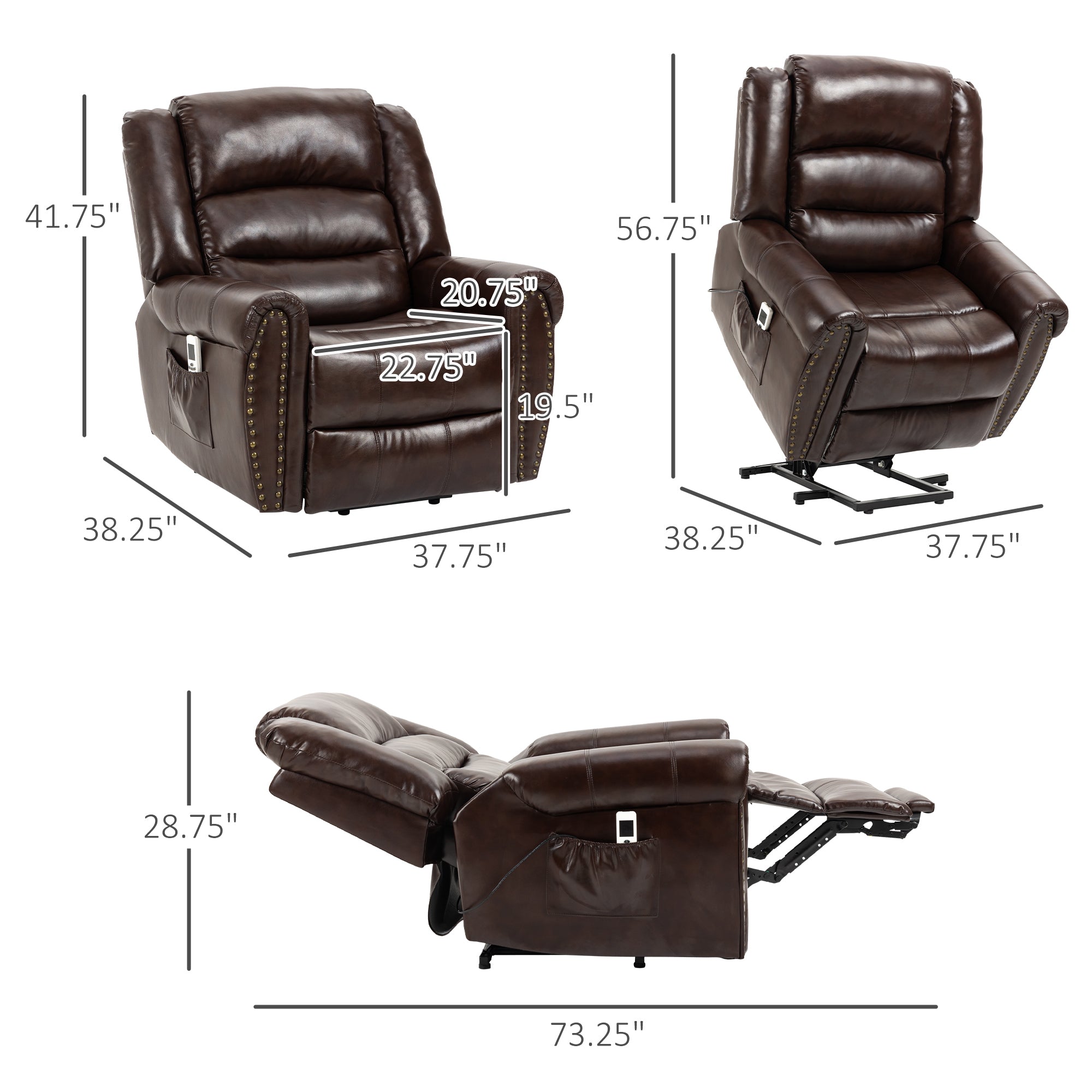 Dual Motor Electric Power Lift Recliner Chair for Elderly with Massage PU Leather Remote Control Brown