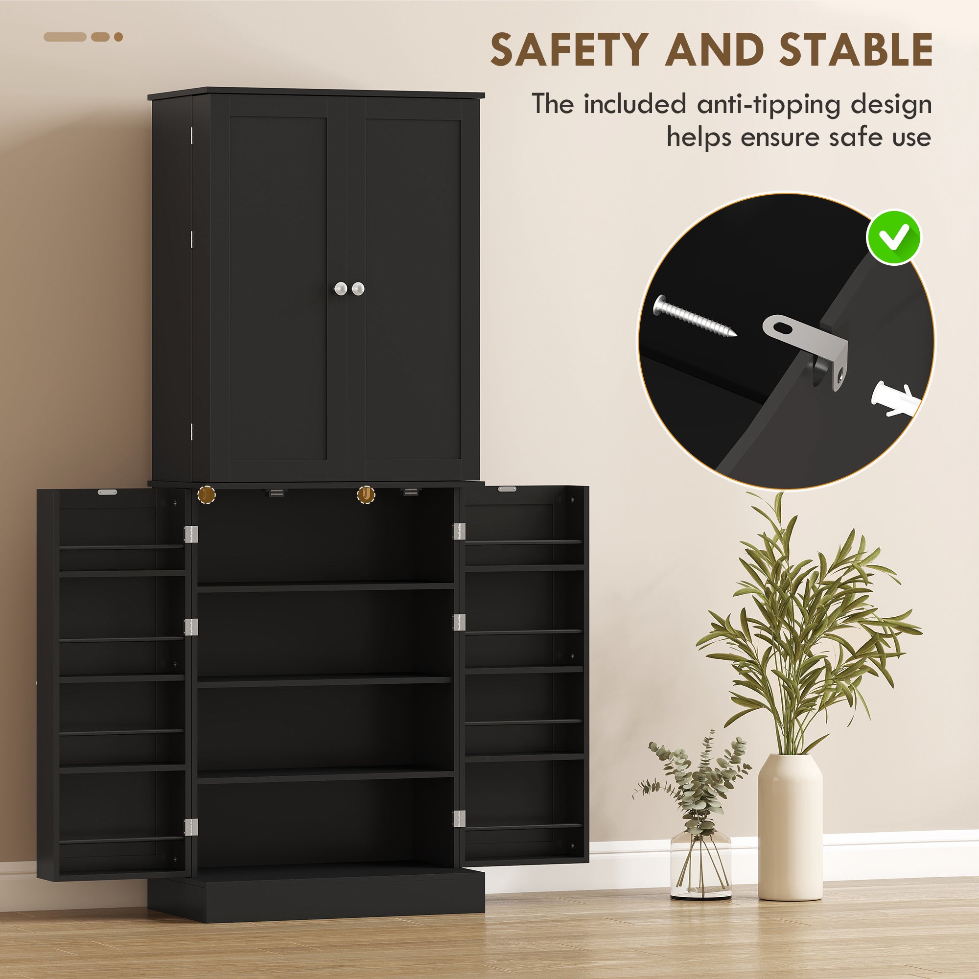 65" Kitchen Pantry Cabinet, Modern Storage Cabinet with Doors and Shelves, Freestanding Cupboard for Dining Room, Black
