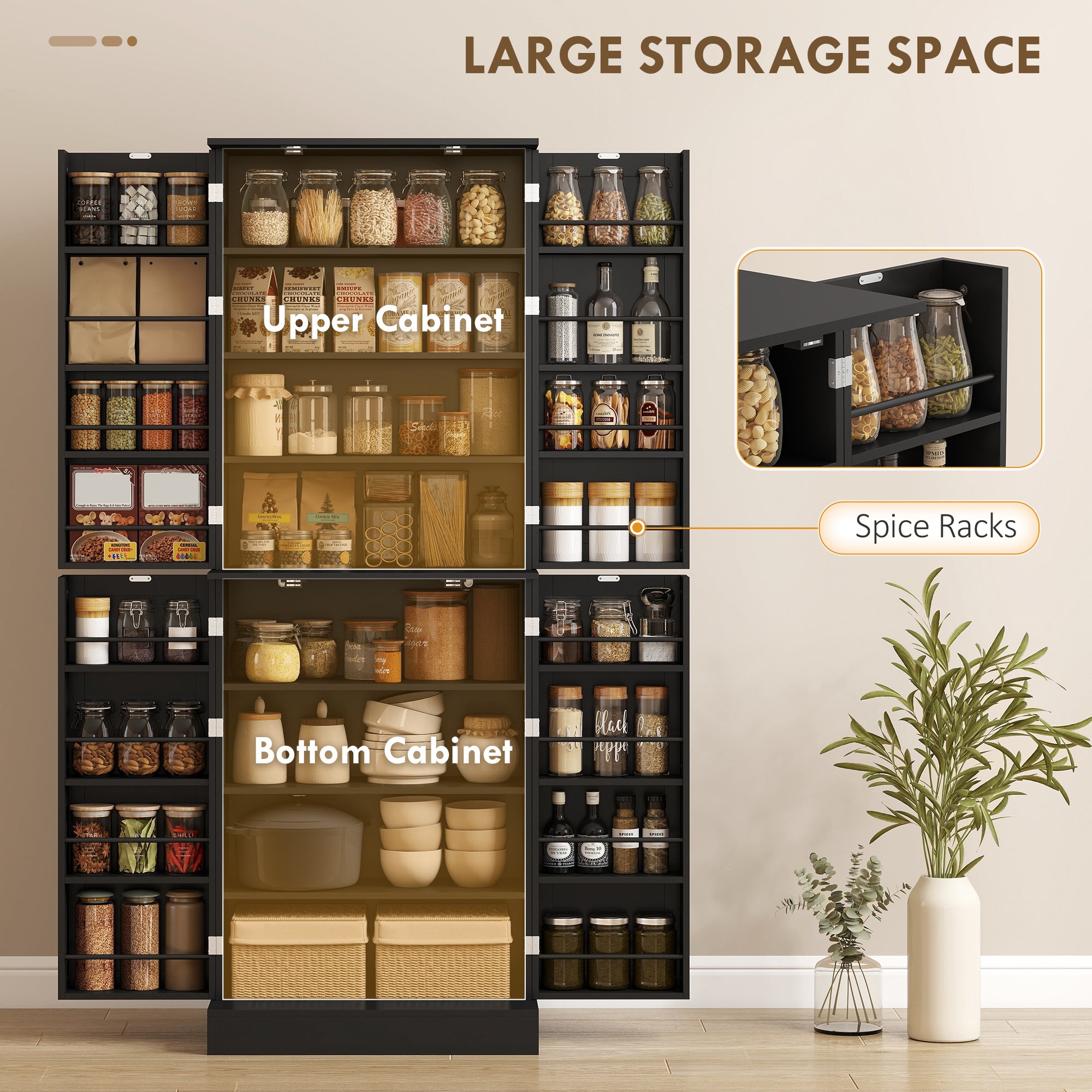 65" Kitchen Pantry Cabinet, Modern Storage Cabinet with Doors and Shelves, Freestanding Cupboard for Dining Room, Black