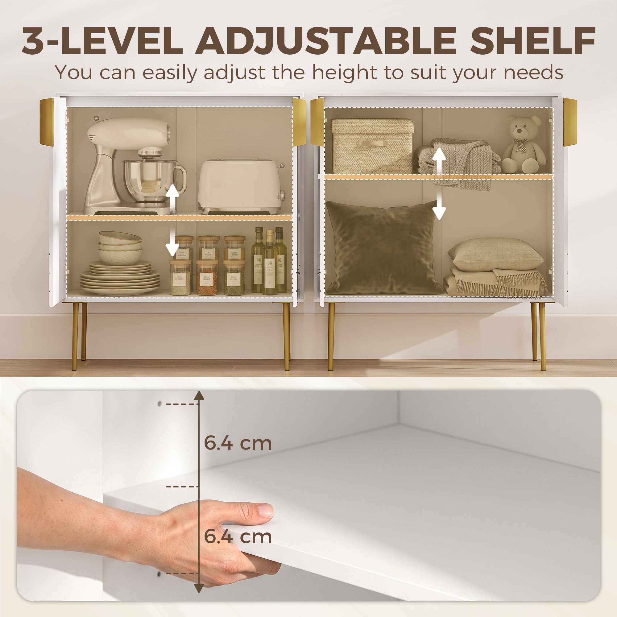 Storage Cabinet, Modern Kitchen Cupboard with 2 Doors, Adjustable Shelf and Metal Legs, Freestanding Sideboard for Living Room, Dining Room, Hallway, White
