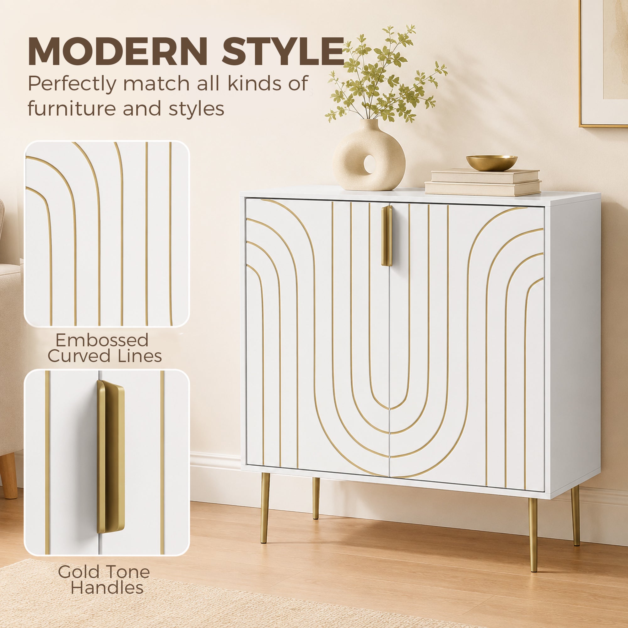 Storage Cabinet, Modern Kitchen Cupboard with 2 Doors, Adjustable Shelf and Metal Legs, Freestanding Sideboard for Living Room, Dining Room, Hallway, White