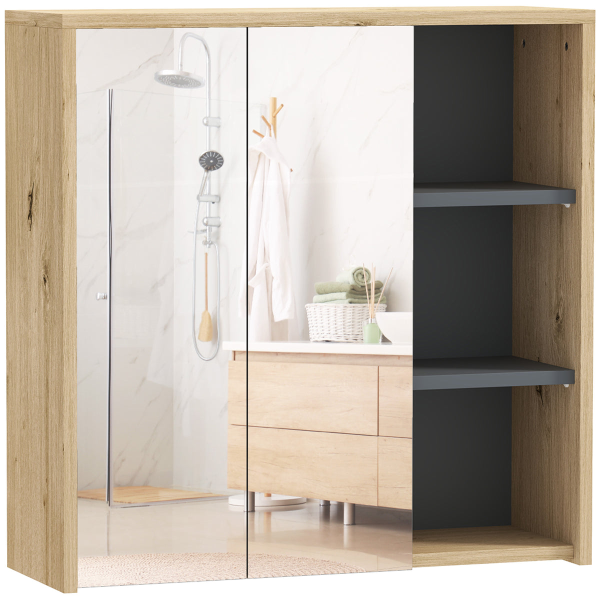Bathroom Medicine Cabinet with Mirror, Wall Mount Mirror Cabinet with Open Shelves, 2 Soft-Close Doors, Bathroom Storage Organizer, Natural