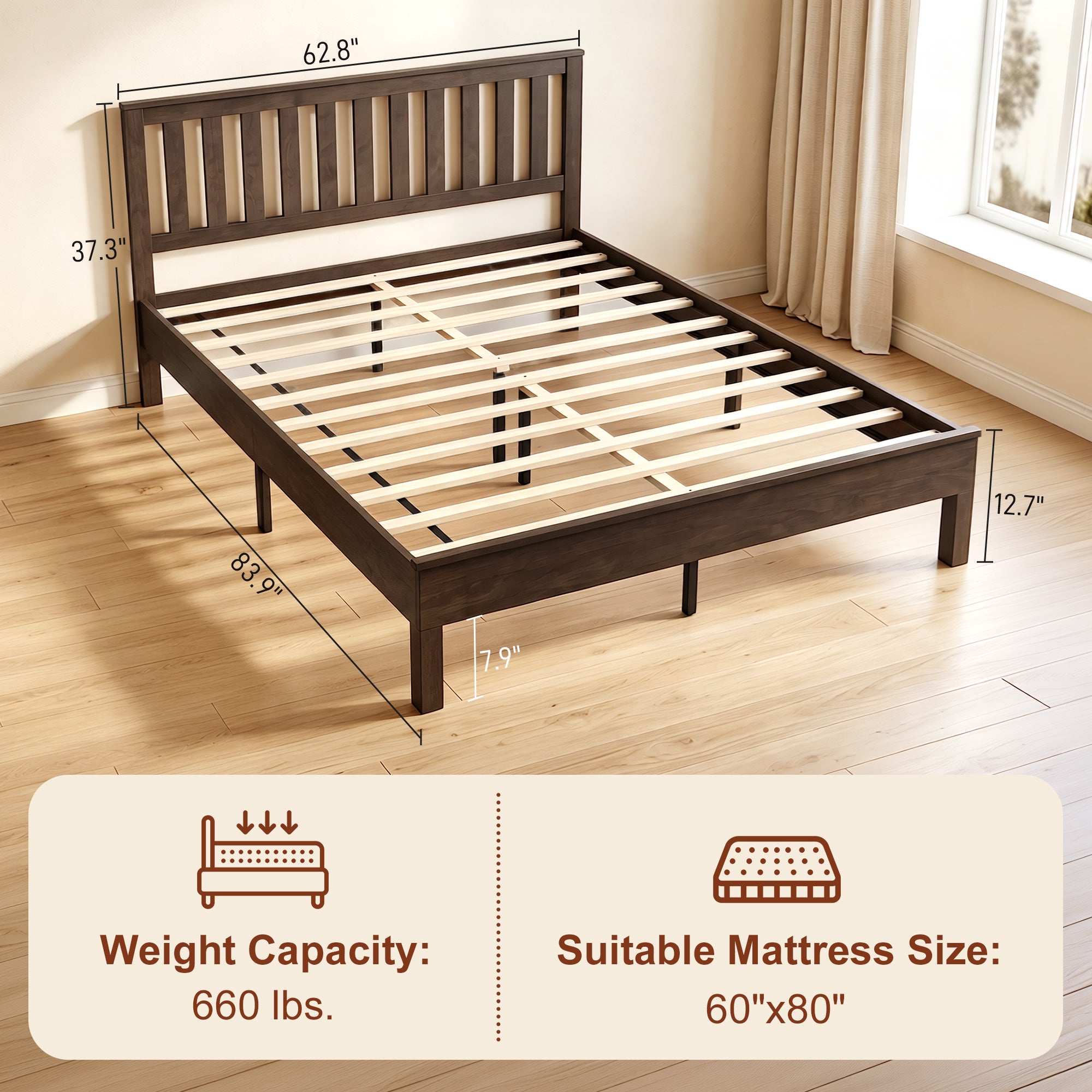 Queen Size Wood Platform Bed Frame with Headboard and Footboard, Mid-Century Bed Frame with Slat Support, Mattress Foundation with Under-Bed Storage, No Box Spring Needed, Easy Assembly, Walnut
