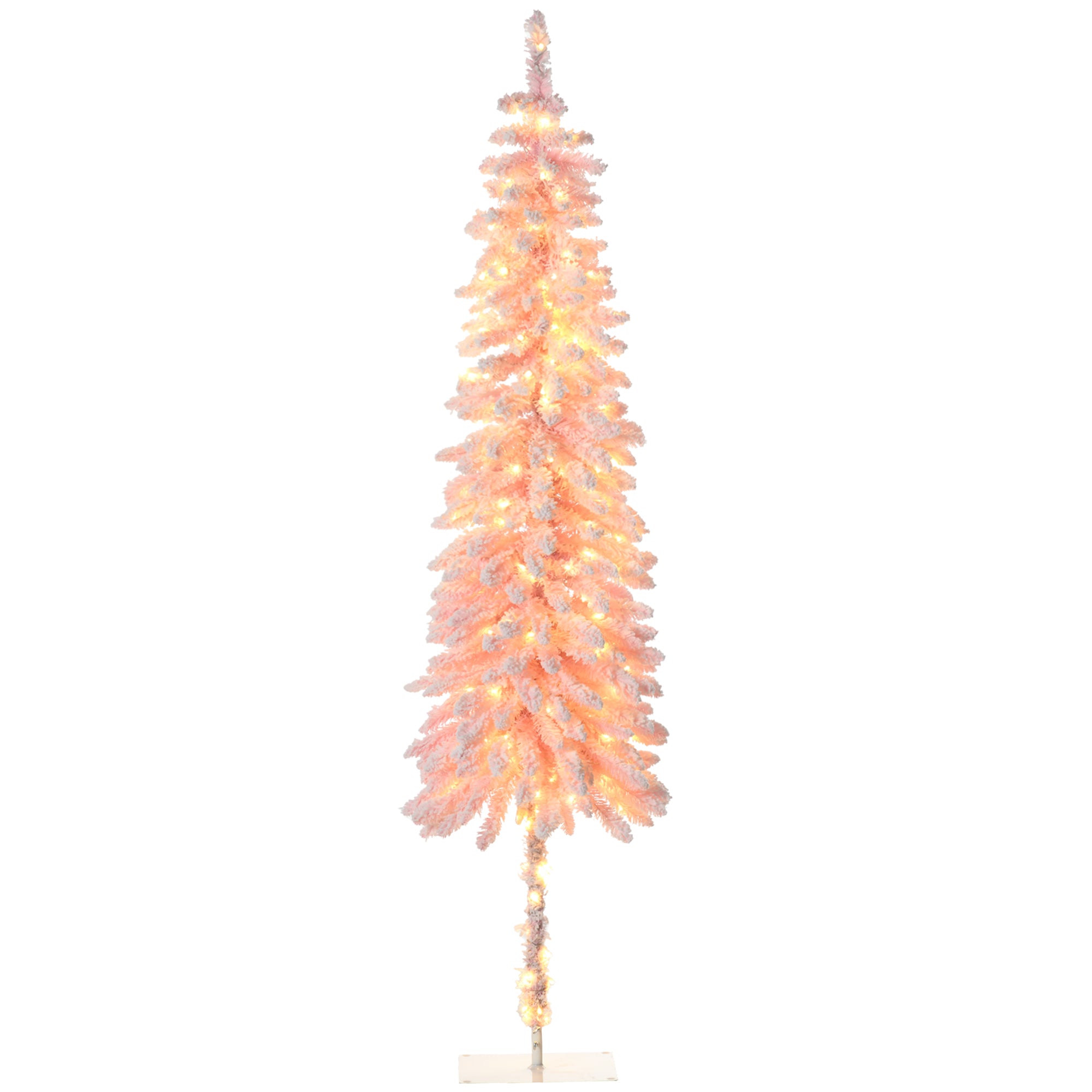 7' Flocked Christmas Trees, Pencil Prelit Artificial Christmas Tree with Snow Downswept Branches, Pink