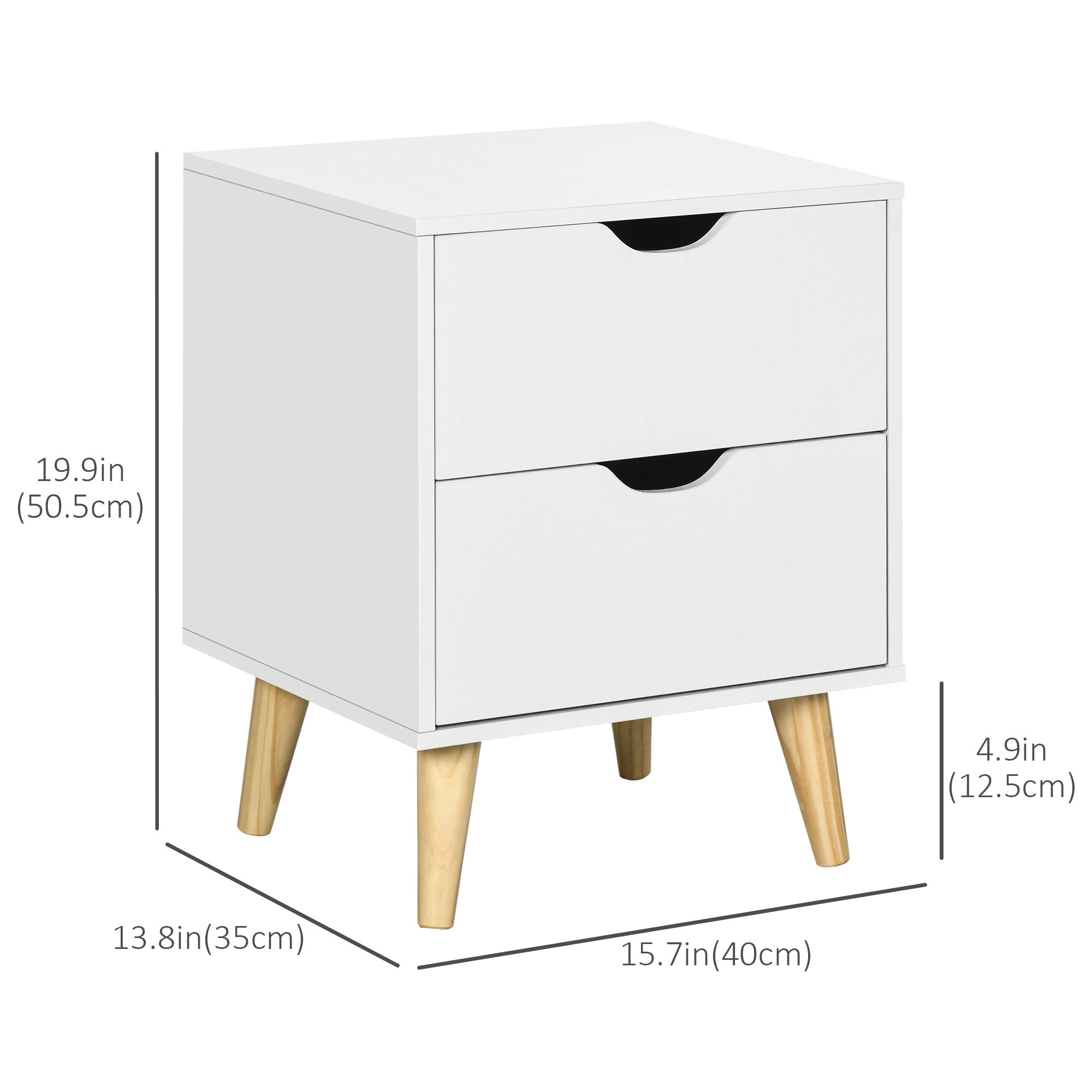 HOMCOM Modern Nightstand, Bedside Table with 2 Drawers, End Table with Wood Legs for Bedroom, White