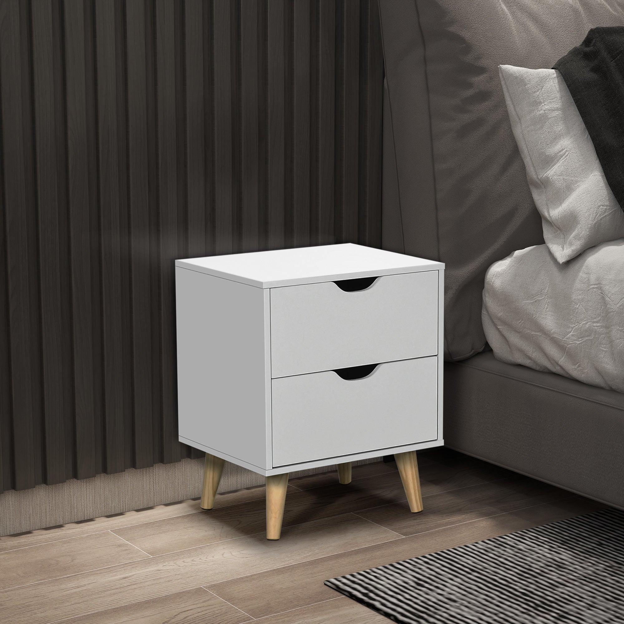 HOMCOM Modern Nightstand, Bedside Table with 2 Drawers, End Table with Wood Legs for Bedroom, White