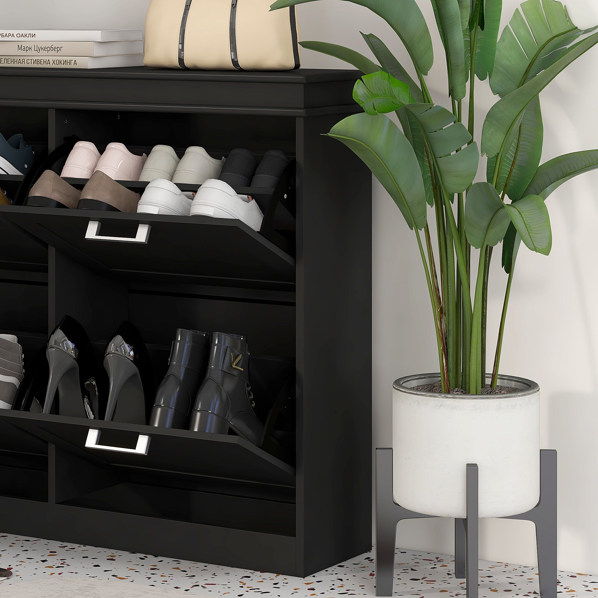 HOMCOM 4 Drawers Entryway Shoe Cabinet, Narrow Shoe Storage Cabinet with 4 Flip Drawers and Adjustable Shelves for 20 Pairs of Shoes, Black