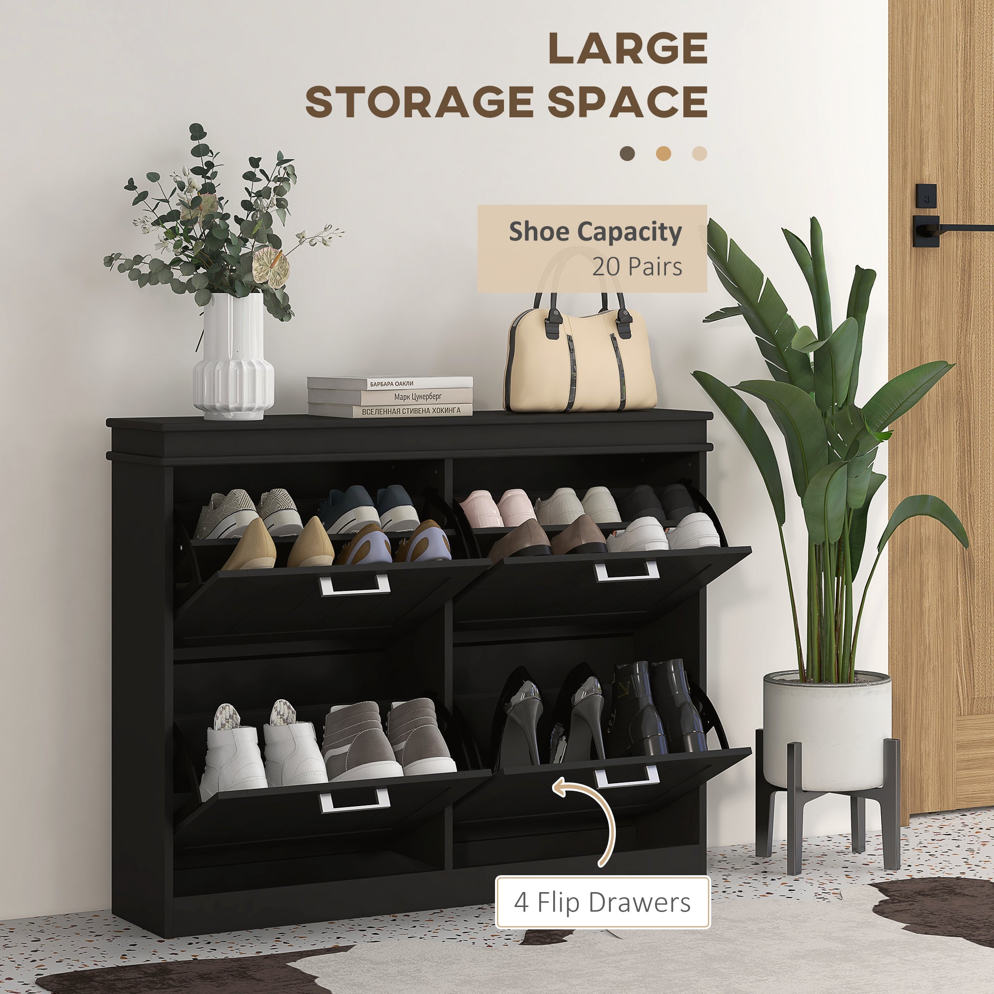 HOMCOM 4 Drawers Entryway Shoe Cabinet, Narrow Shoe Storage Cabinet with 4 Flip Drawers and Adjustable Shelves for 20 Pairs of Shoes, Black