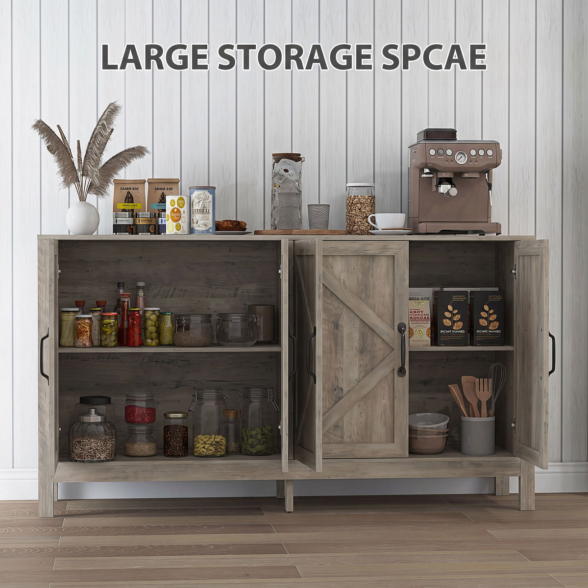 Farmhouse Kitchen Storage Cabinet, Sideboard Buffet Cabinet with 4 Barn Doors and Adjustable Shelves, Light Distressed Grey