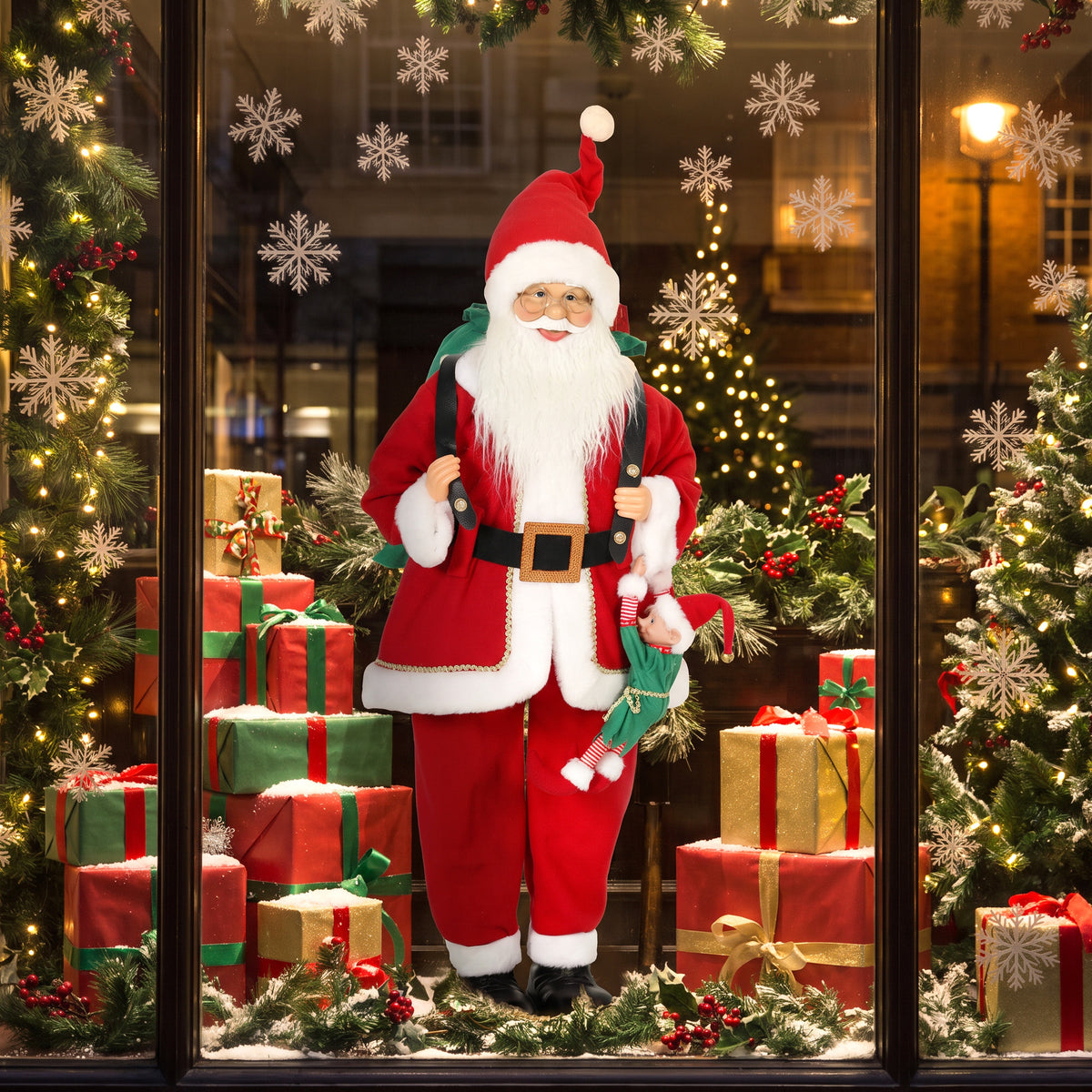 4ft Life Size Singing Dancing Santa Claus, 120 cm Standing Musical Animated Santa with Sack, Hanging Elf, Posable Arms, Handcrafted, Sound Touch Activated, Moving Christmas Figure Decoration