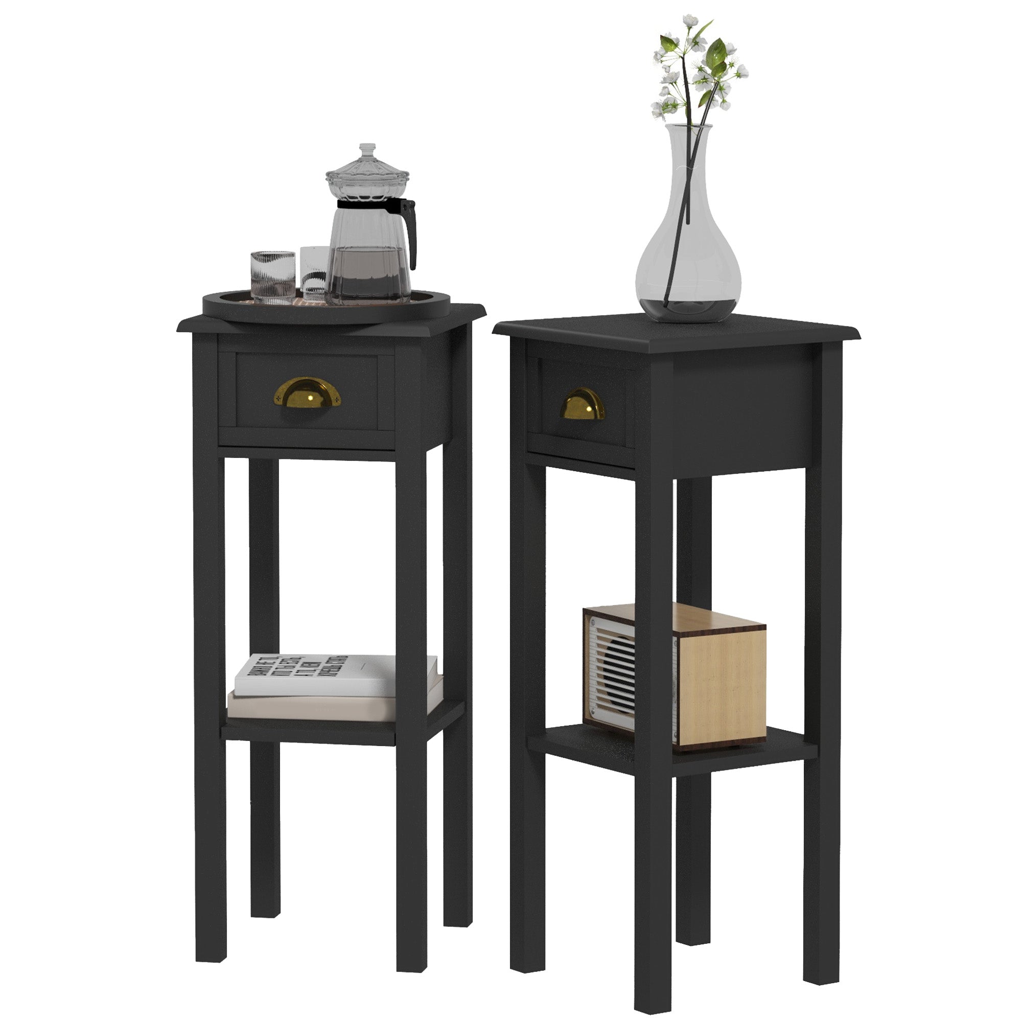 2 Tier Side Tables Set of 2 with Drawer and Shelf 2 Pieces End Tables for Living Room Black