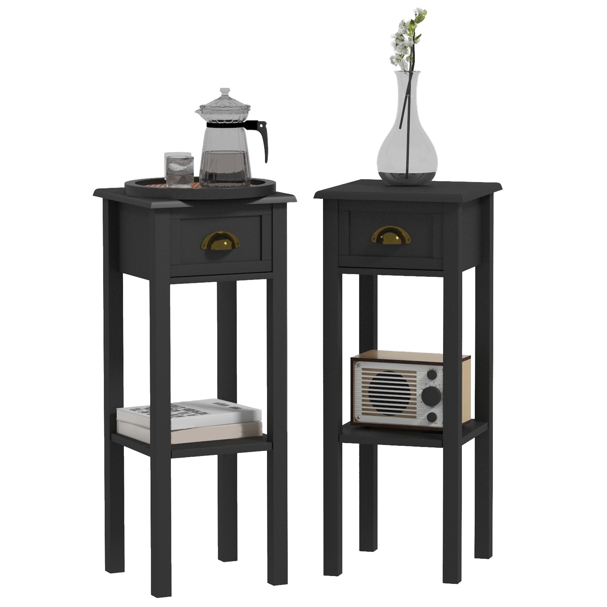 2 Tier Side Tables Set of 2 with Drawer and Shelf 2 Pieces End Tables for Living Room Black