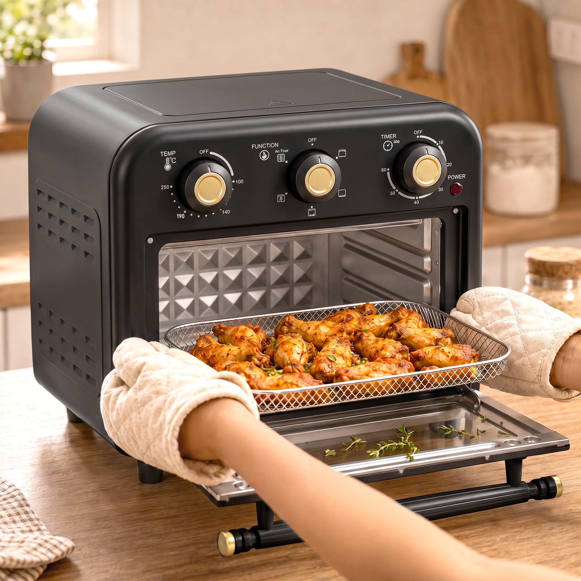 Air Fryer Toaster Oven, 12 L Small Convection Countertop Oven with Knob Controls, Baking Tray and Fry Basket, Adjustable Temperature, Timer, Dishwasher Safe, 1200W, Steel, Black