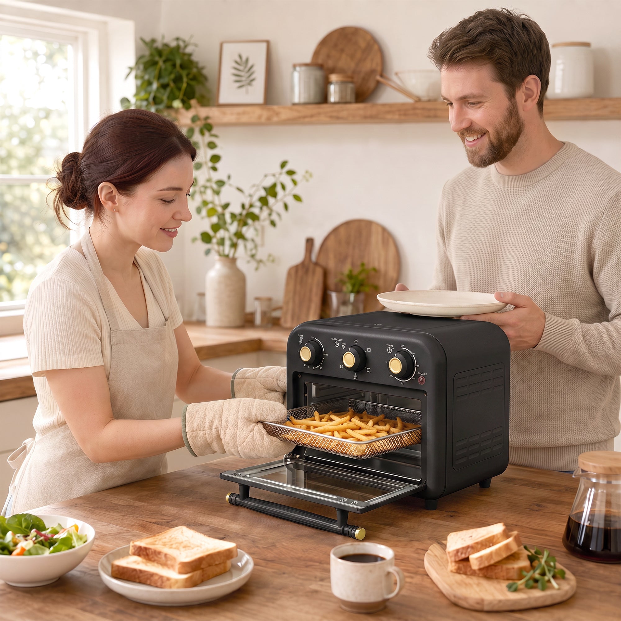 Air Fryer Toaster Oven, 12 L Small Convection Countertop Oven with Knob Controls, Baking Tray and Fry Basket, Adjustable Temperature, Timer, Dishwasher Safe, 1200W, Steel, Black