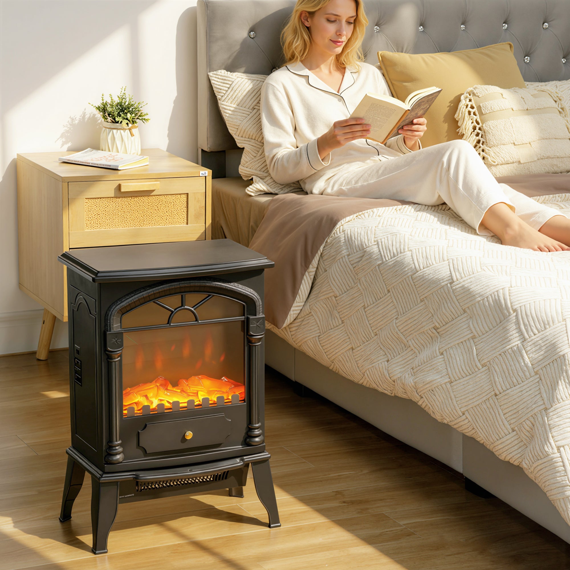 Electric Fireplace Stove Heater with 3D Flame Effect, 2000W/1000W, Freestanding Portable Fireplace with Adjustable Thermostat, 2 Heat Settings for Living Room, Black