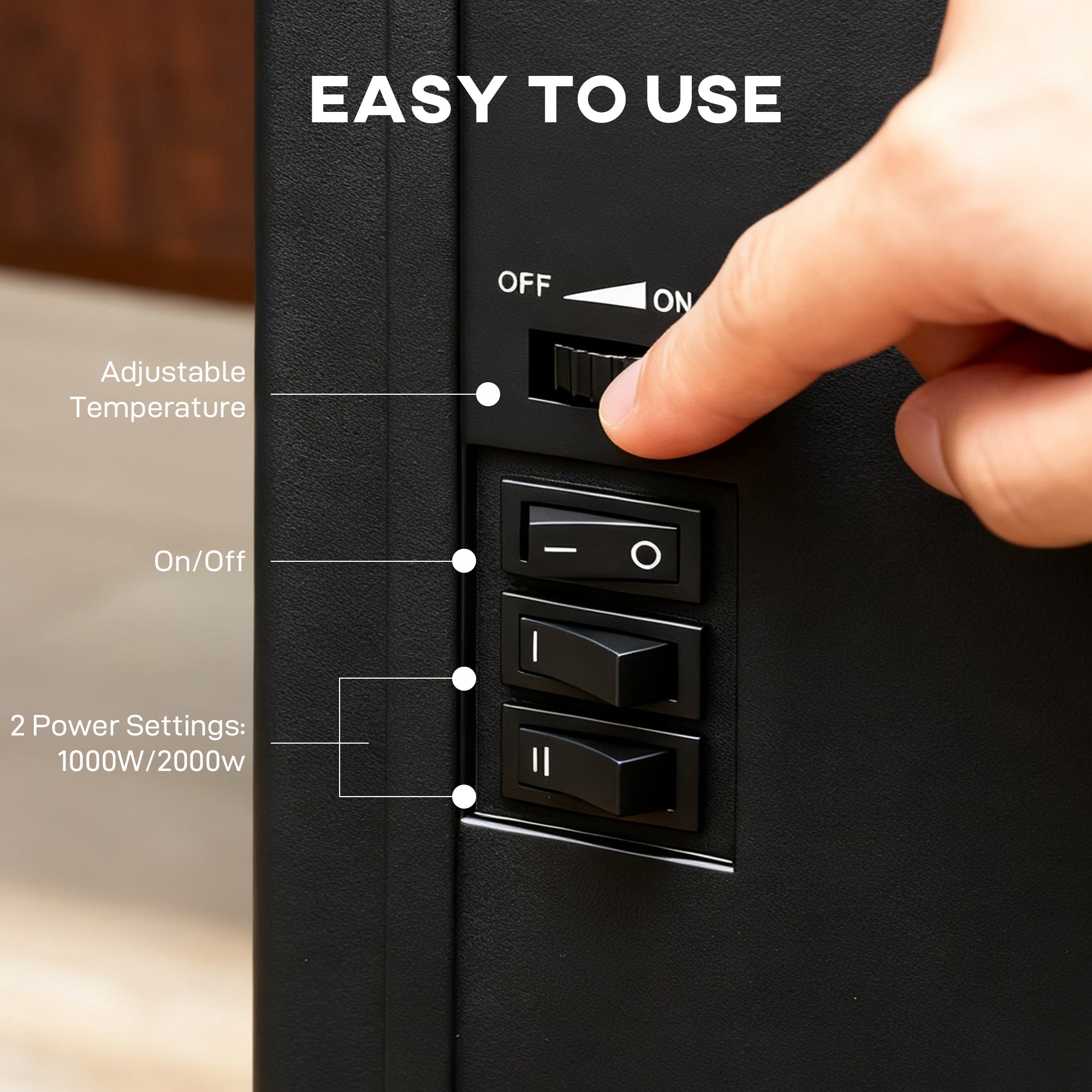 Electric Fireplace Stove Heater with 3D Flame Effect, 2000W/1000W, Freestanding Portable Fireplace with Adjustable Thermostat, 2 Heat Settings for Living Room, Black