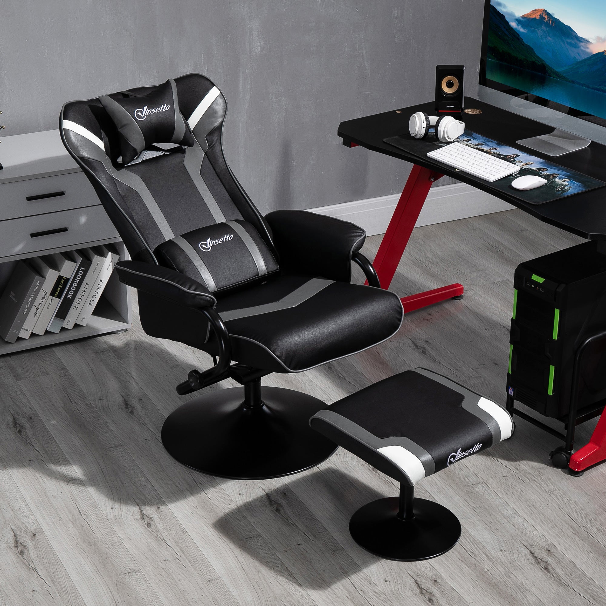 Vinsetto Reclining Chair and Stool Set, Recliner Chair with Headrest, Gaming Chair with Lumbar Support, Pedestal Base for Home Office, Grey