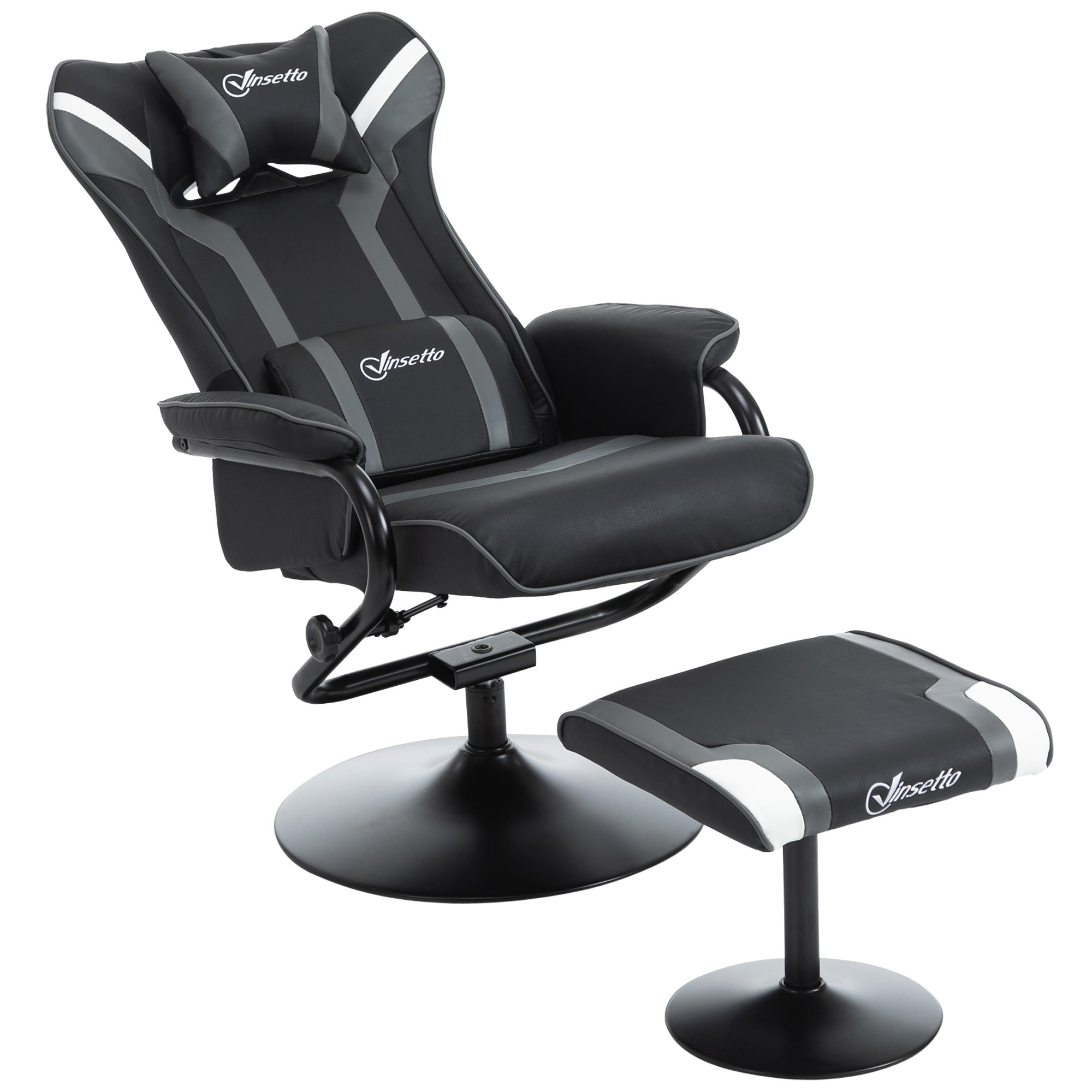 Vinsetto Reclining Chair and Stool Set, Recliner Chair with Headrest, Gaming Chair with Lumbar Support, Pedestal Base for Home Office, Grey