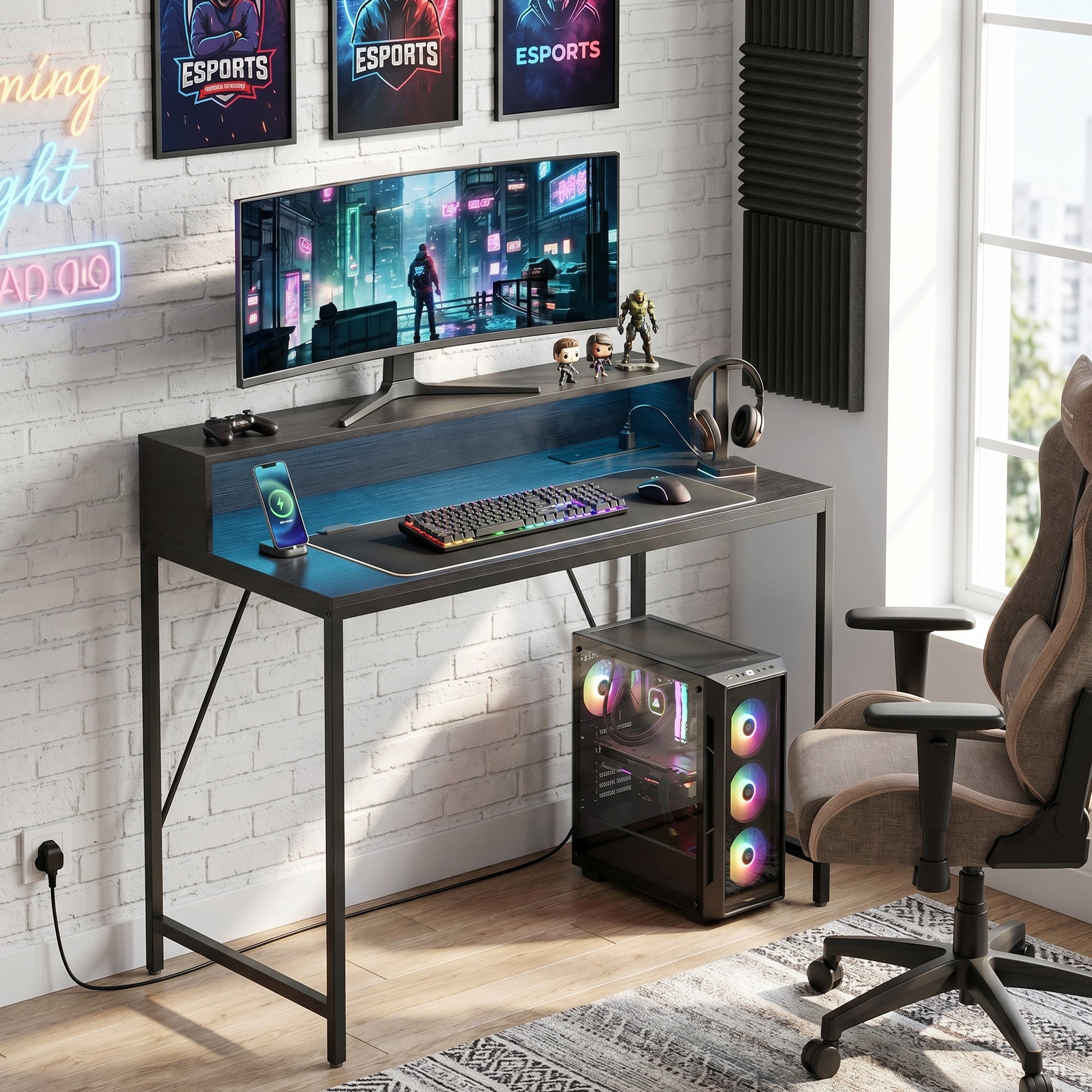 100cm Computer Desk with LED Lights and Power Outlets, Gaming Desk with Monitor Stand, Computer Table with Remote for Home Office Study, Black Wood-Effect