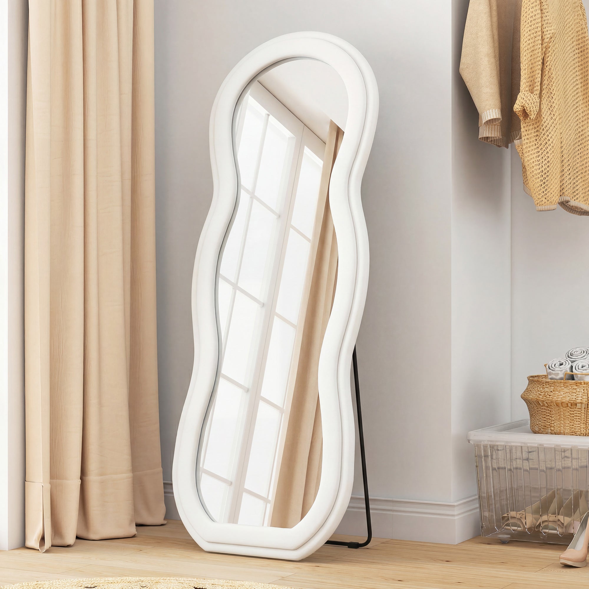 64" x 24" Full Length Mirror, Standing Floor Mirror Hanging or Wall Mount, with Arched Wavy Velvet Frame for Bedroom, Living Room, White