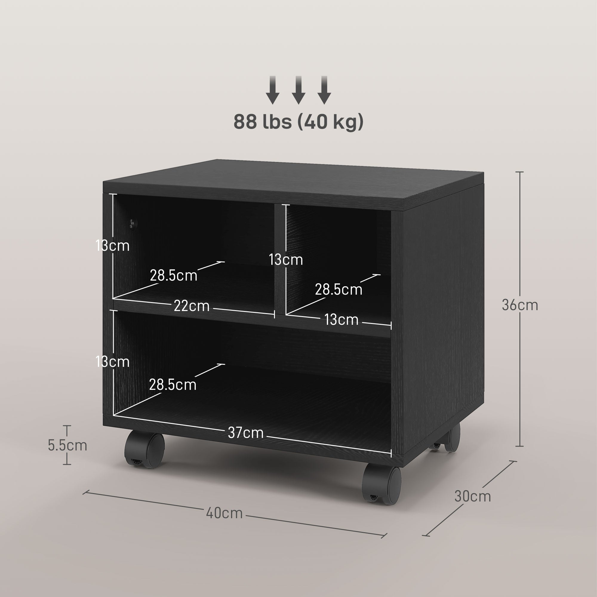 HOMCOM 2-Tier Printer Stand with Storage, Under Desk Printer Cart on Wheels with 3 Compartments, Desktop Printer Table for Home Office, Black