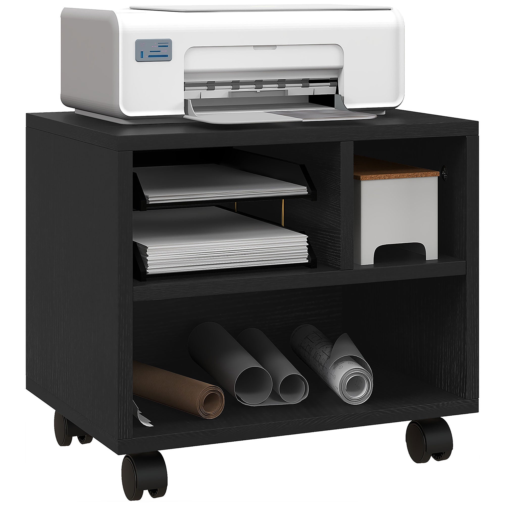 HOMCOM 2-Tier Printer Stand with Storage, Under Desk Printer Cart on Wheels with 3 Compartments, Desktop Printer Table for Home Office, Black