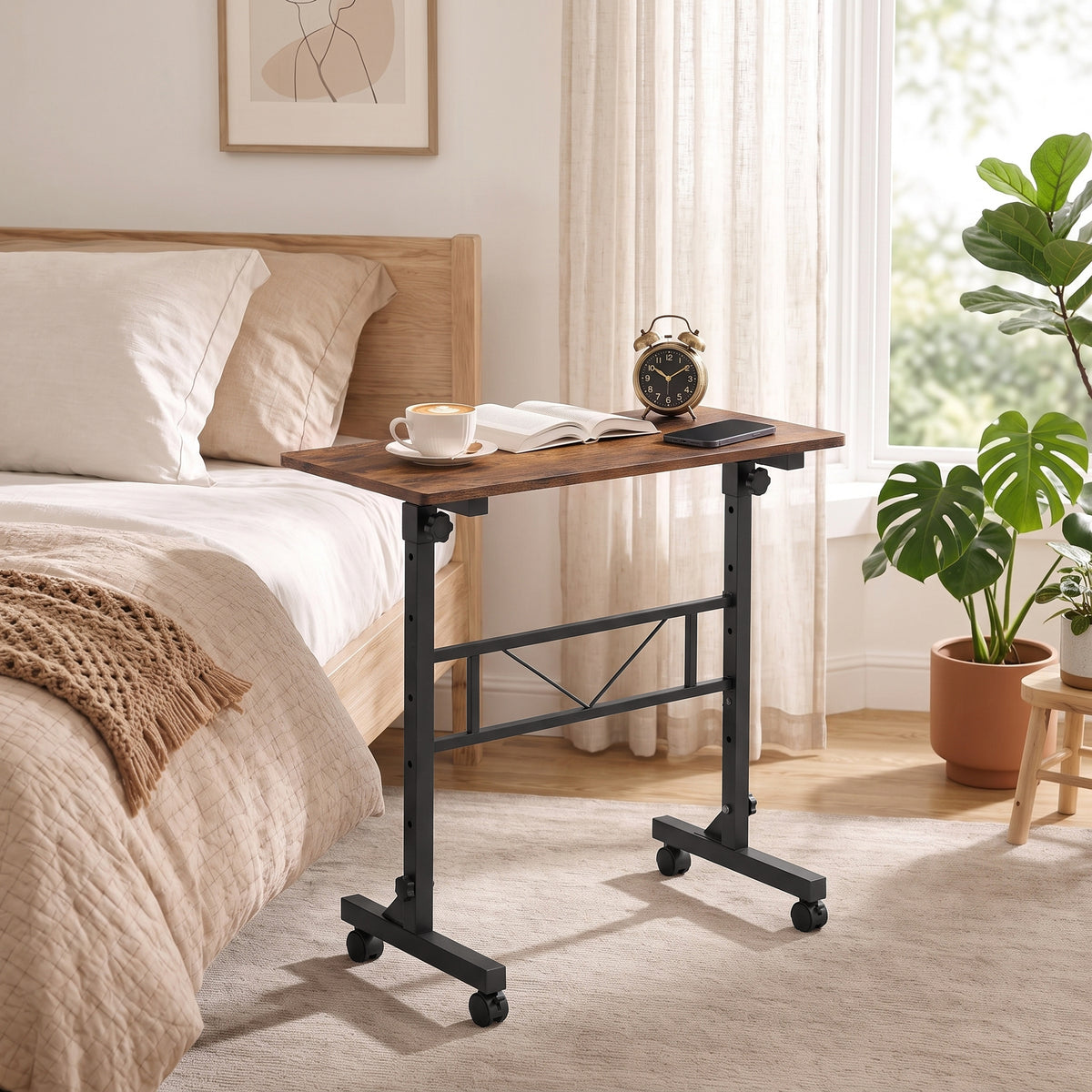 Overbed Table With Wheels and Brakes, Adjustable Height Laptop Desk, Portable Hospital Bed Table with Steel Frame for Living Room, Bedroom and Study, Rustic Brown and Black
