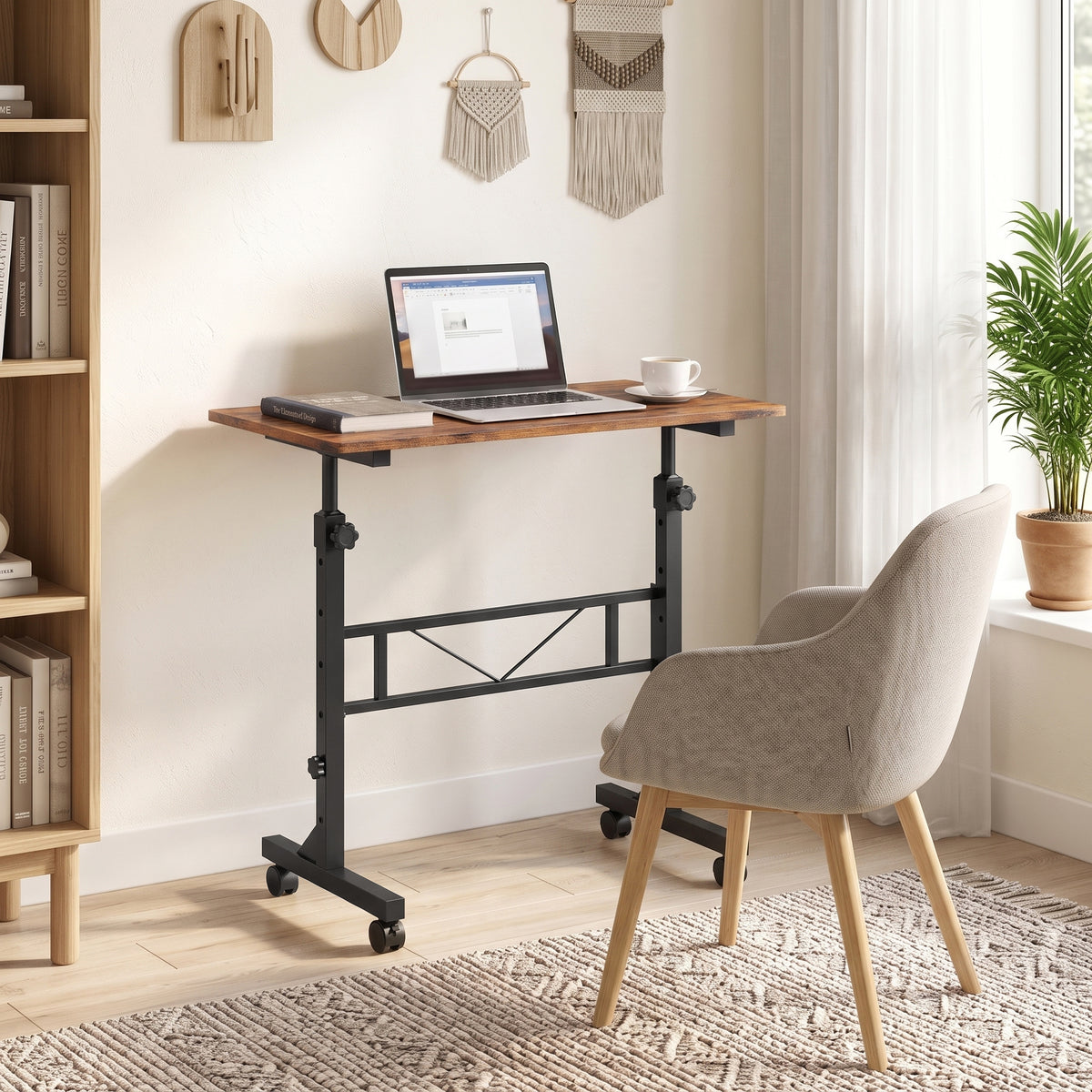 Overbed Table With Wheels and Brakes, Adjustable Height Laptop Desk, Portable Hospital Bed Table with Steel Frame for Living Room, Bedroom and Study, Rustic Brown and Black