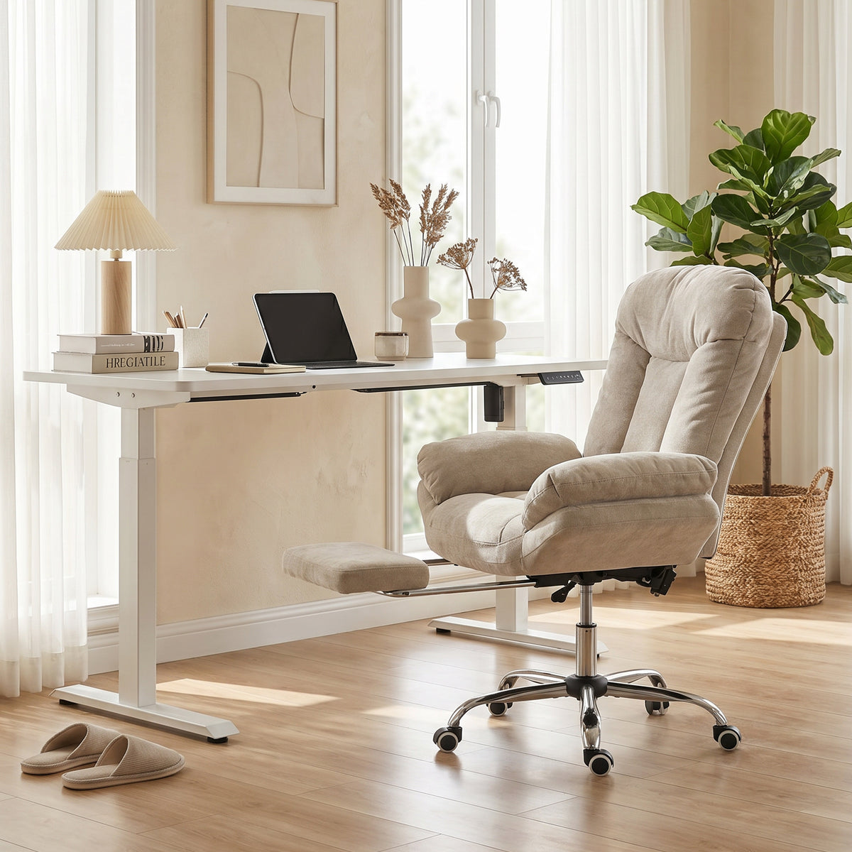 Criss Cross Office Chair with Footrest, Swivel Wheels, Wide Task Desk Chair with Overstuffed Reclining Backrest, Waterfall Arms, Adjustable Height, Cross Legged, Light Grey