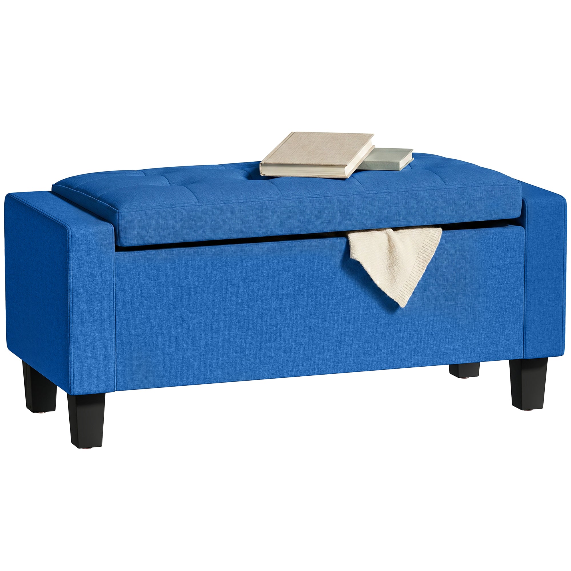 36.6" Tufted Fabric Rectangular Storage Ottoman, Sitting Bench with Armrests and Wooden Legs, Holds up to 528 lbs, for Entryway, Living Room, Bedroom, Blue