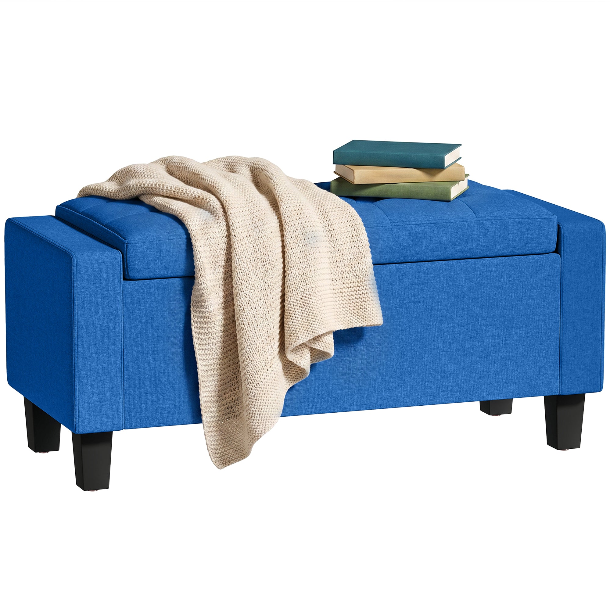 36.6" Tufted Fabric Rectangular Storage Ottoman, Sitting Bench with Armrests and Wooden Legs, Holds up to 528 lbs, for Entryway, Living Room, Bedroom, Blue