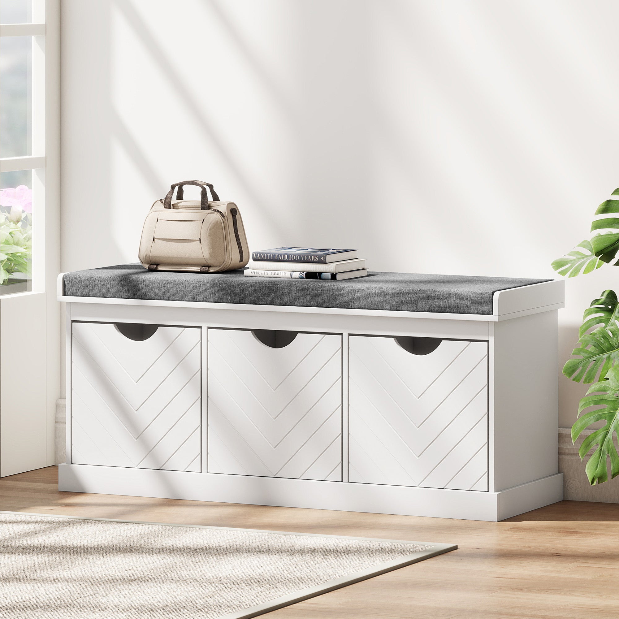 Shoe Bench, Linen-Look Shoe Storage Bench with 3 Removable Drawers and Padded Seat Cushion for Entryway, Hallway, Living Room, White