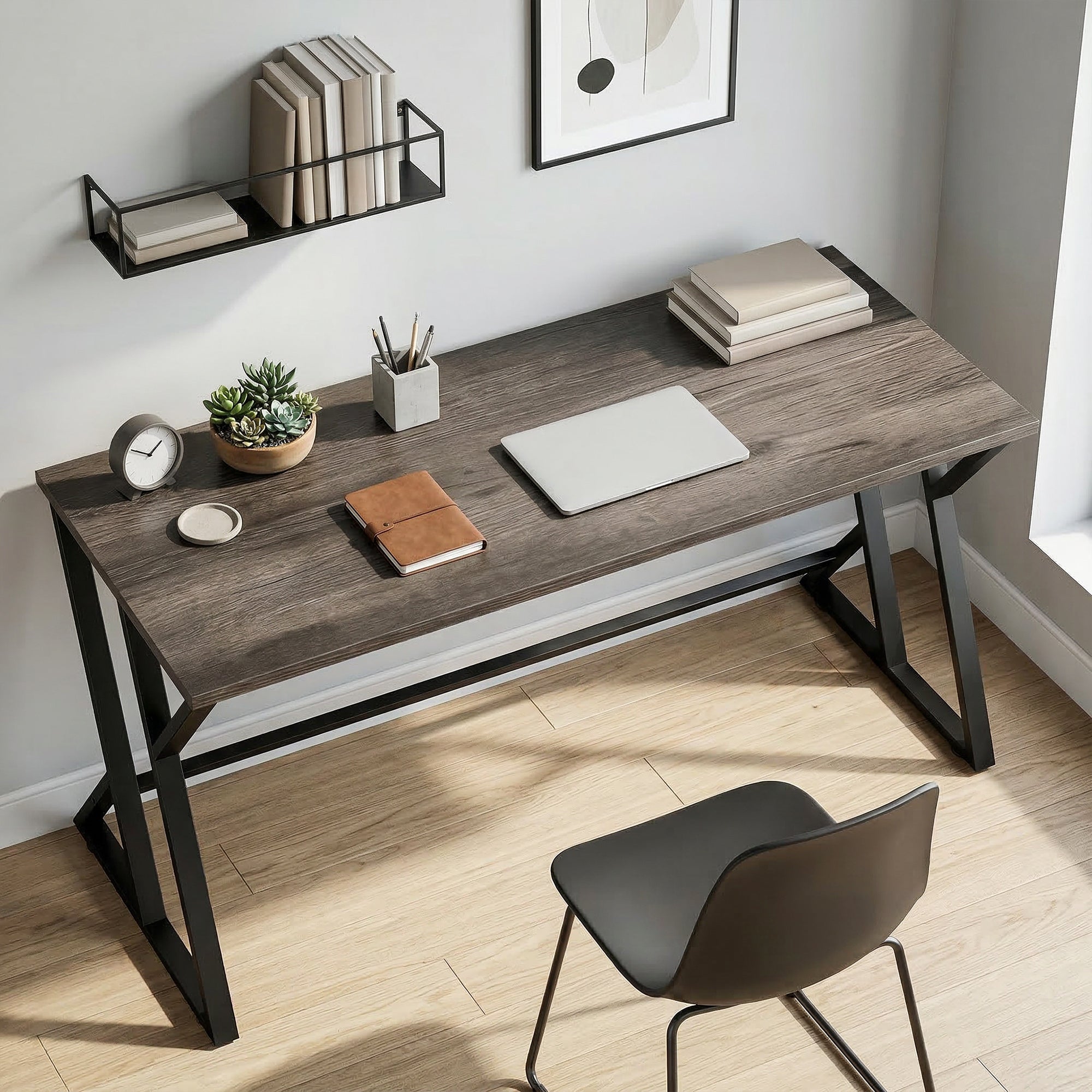 55 Inch Computer Desk, Industrial Writing Desk with Z-Shaped Metal Leg, Study Table for Home Office, Bedroom, Small Spaces, Distressed Gray