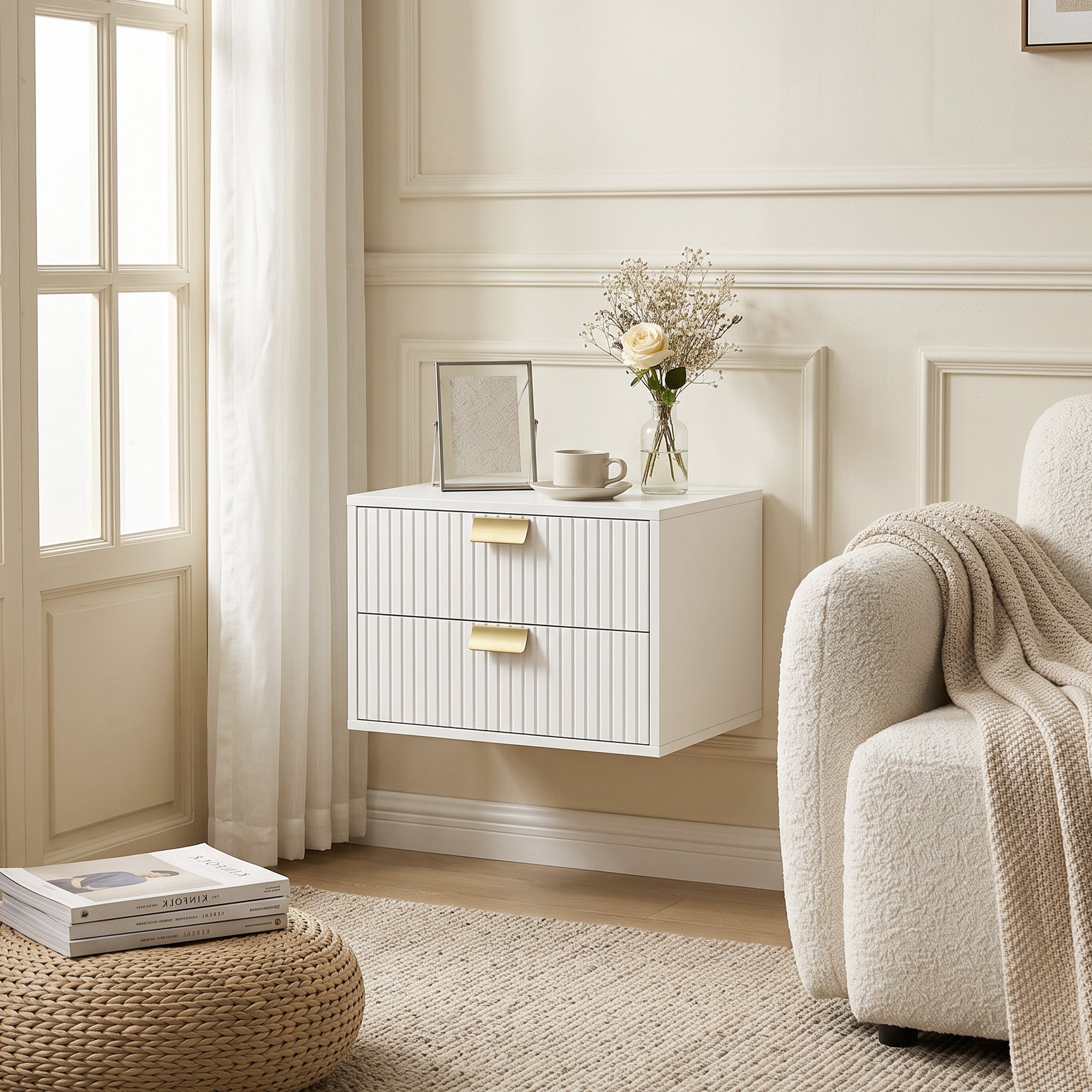 Modern Floating Nightstands Set of 2, Wall Mounted Bedside Tables with 2 Wave Drawers, Bedside Cabinets for Bedroom Living Room, White