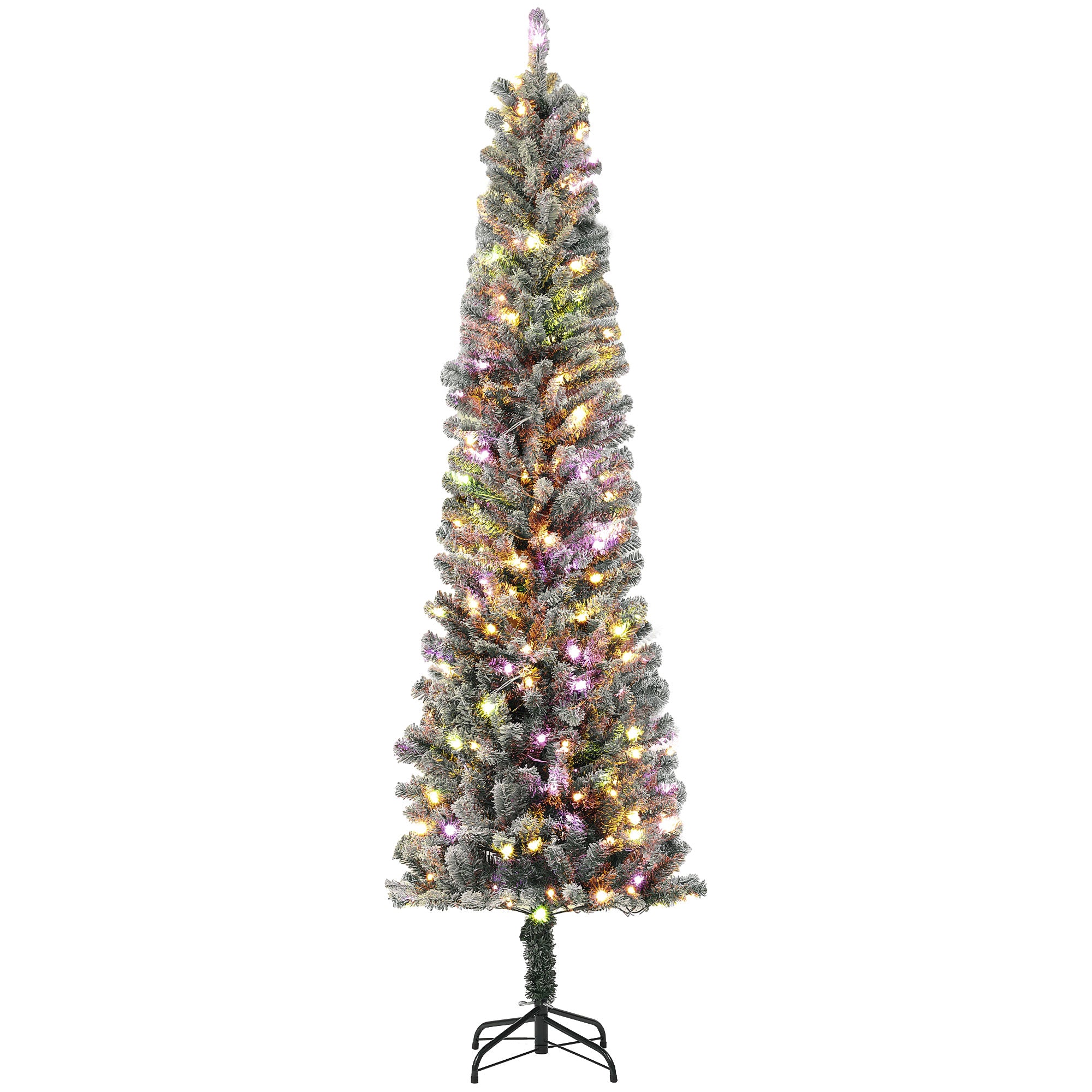 7.5ft Pre-Lit Pencil Christmas Tree with Remote, Adjustable Brightness, Artificial Christmas Tree with 220 Dual Colour LEDs, 519 Tips, Metal Stand, Flocked Xmas Tree, Green