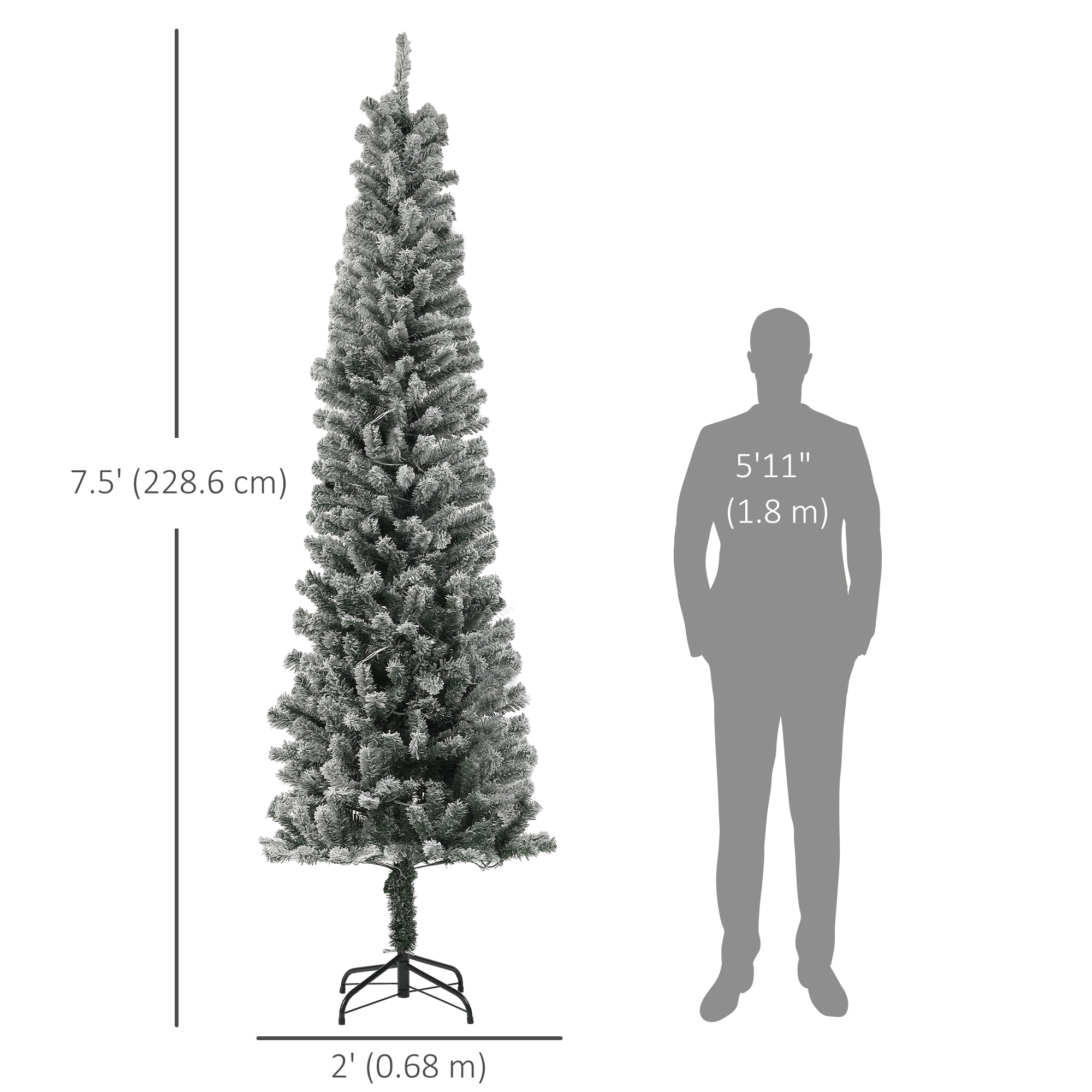 7.5ft Pre-Lit Pencil Christmas Tree with Remote, Adjustable Brightness, Artificial Christmas Tree with 220 Dual Colour LEDs, 519 Tips, Metal Stand, Flocked Xmas Tree, Green