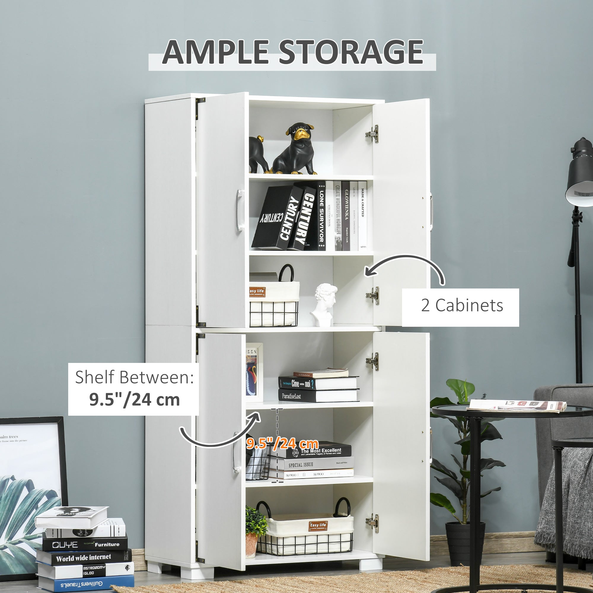 Industrial Kitchen Pantry Cabinet with 4 Doors and Storage Shelves Freestanding Cabinet White